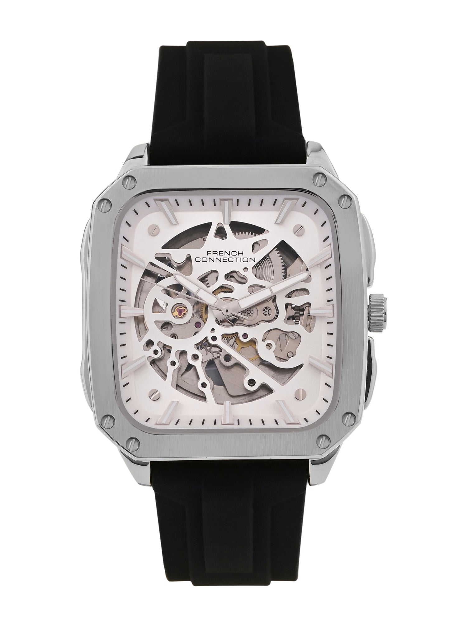French Connection See Through Silver Square Dial With Black Silicone Strap Automatic Watch - For Mens FCA18SBL