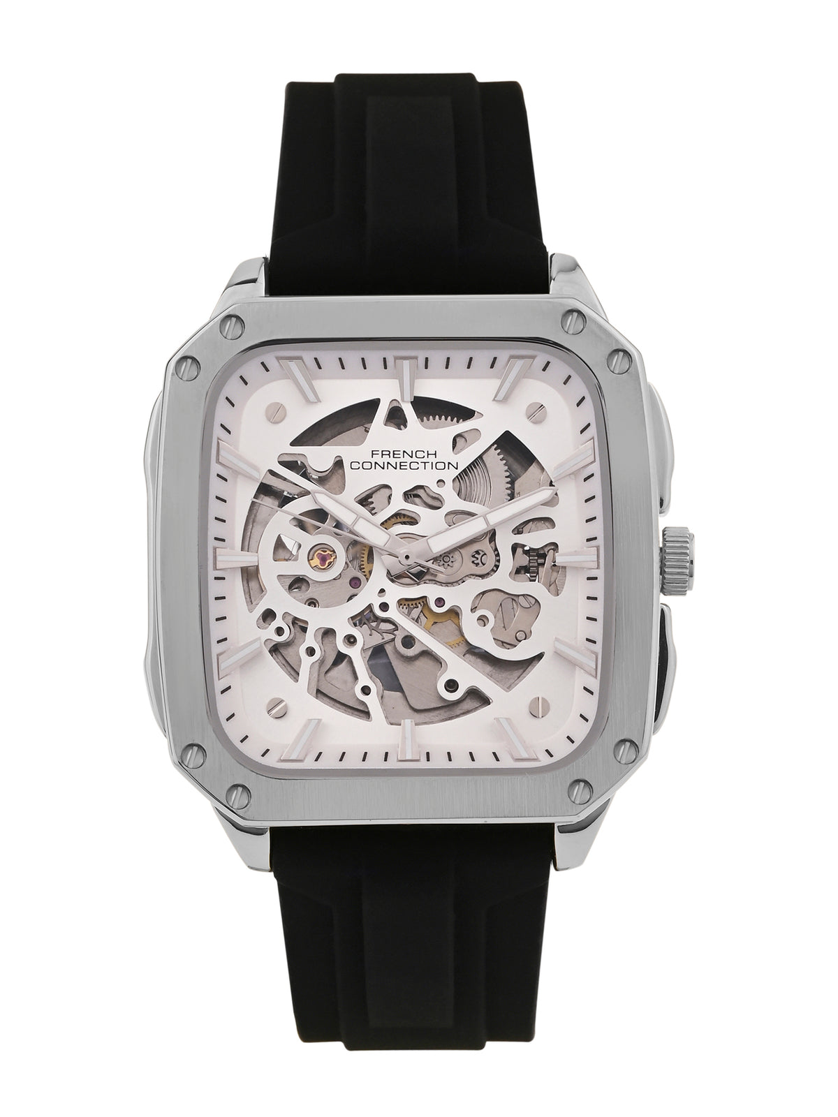 French Connection See Through Silver Square Dial With Black Silicone Strap Automatic Watch - For Mens FCA18SBL