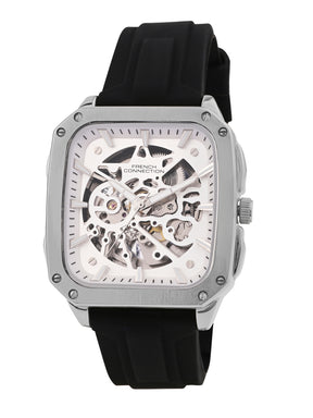 French Connection See Through Silver Square Dial With Black Silicone Strap Automatic Watch - For Mens FCA18SBL
