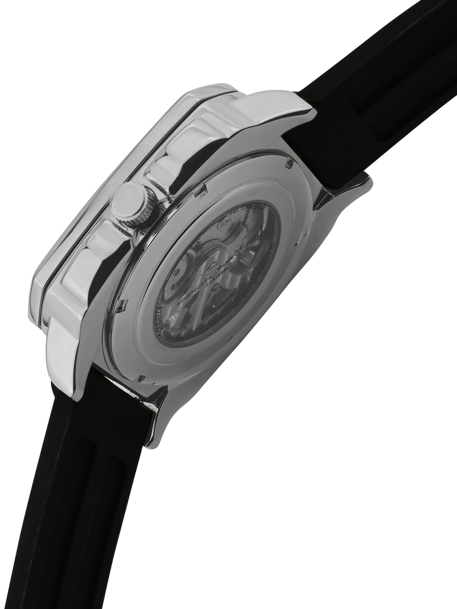 French Connection See Through Silver Square Dial With Black Silicone Strap Automatic Watch - For Mens FCA18SBL