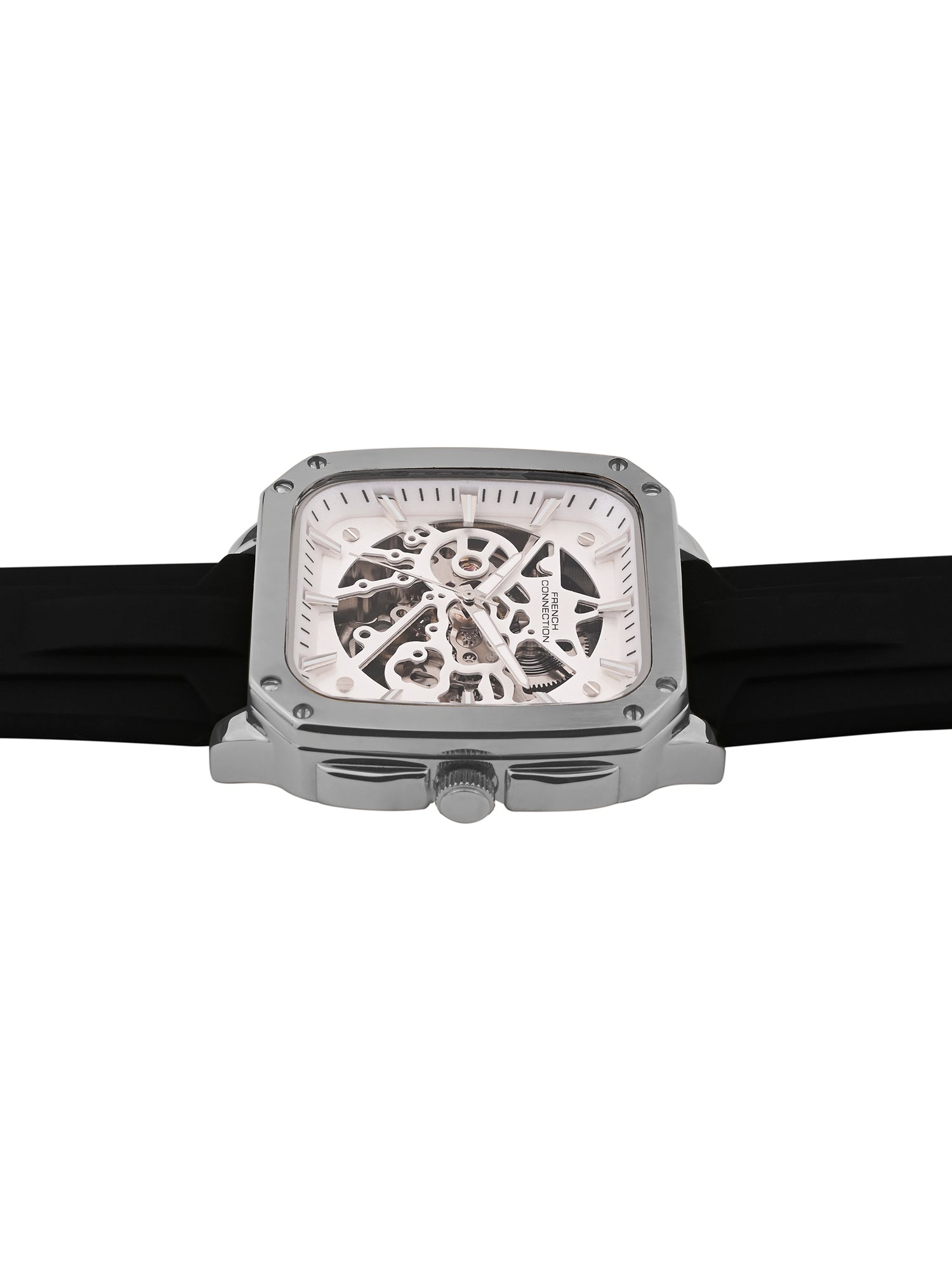 French Connection See Through Silver Square Dial With Black Silicone Strap Automatic Watch - For Mens FCA18SBL