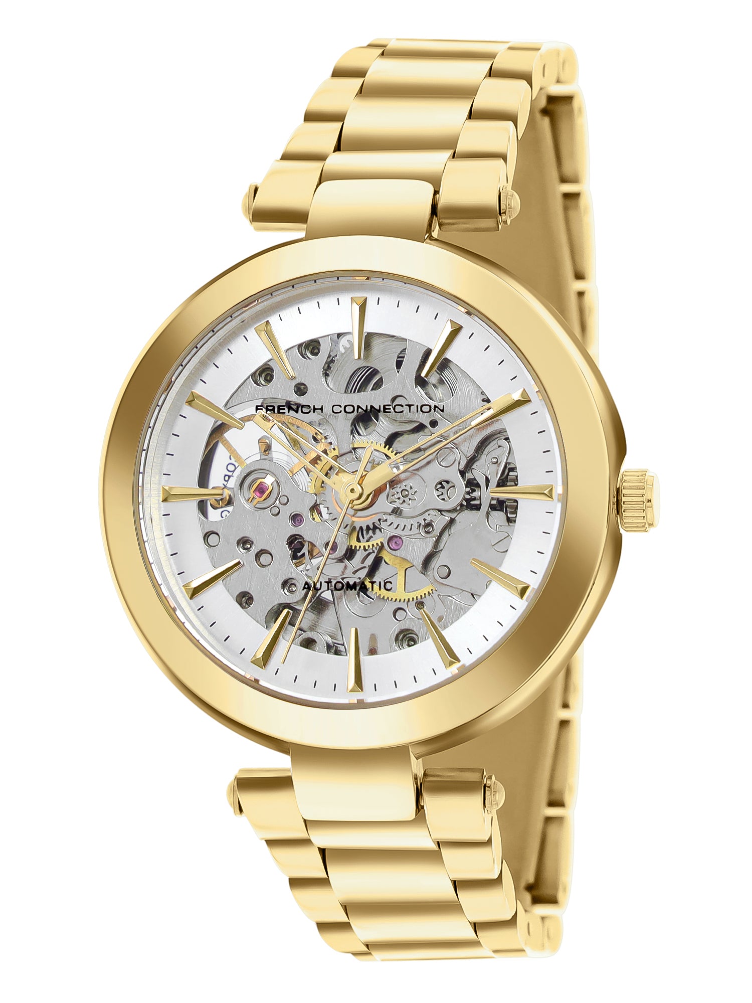 French Connection FCA21GM Modern Silver White Skeleton Dial Gold Stainless Steel Strap Women's Automatic Watch