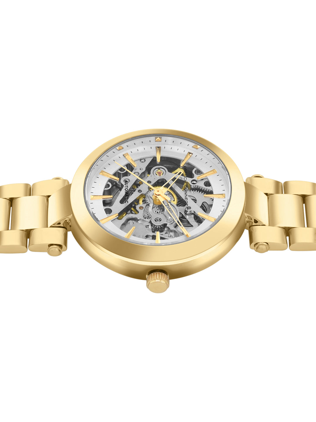 French Connection FCA21GM Modern Silver White Skeleton Dial Gold Stainless Steel Strap Women's Automatic Watch