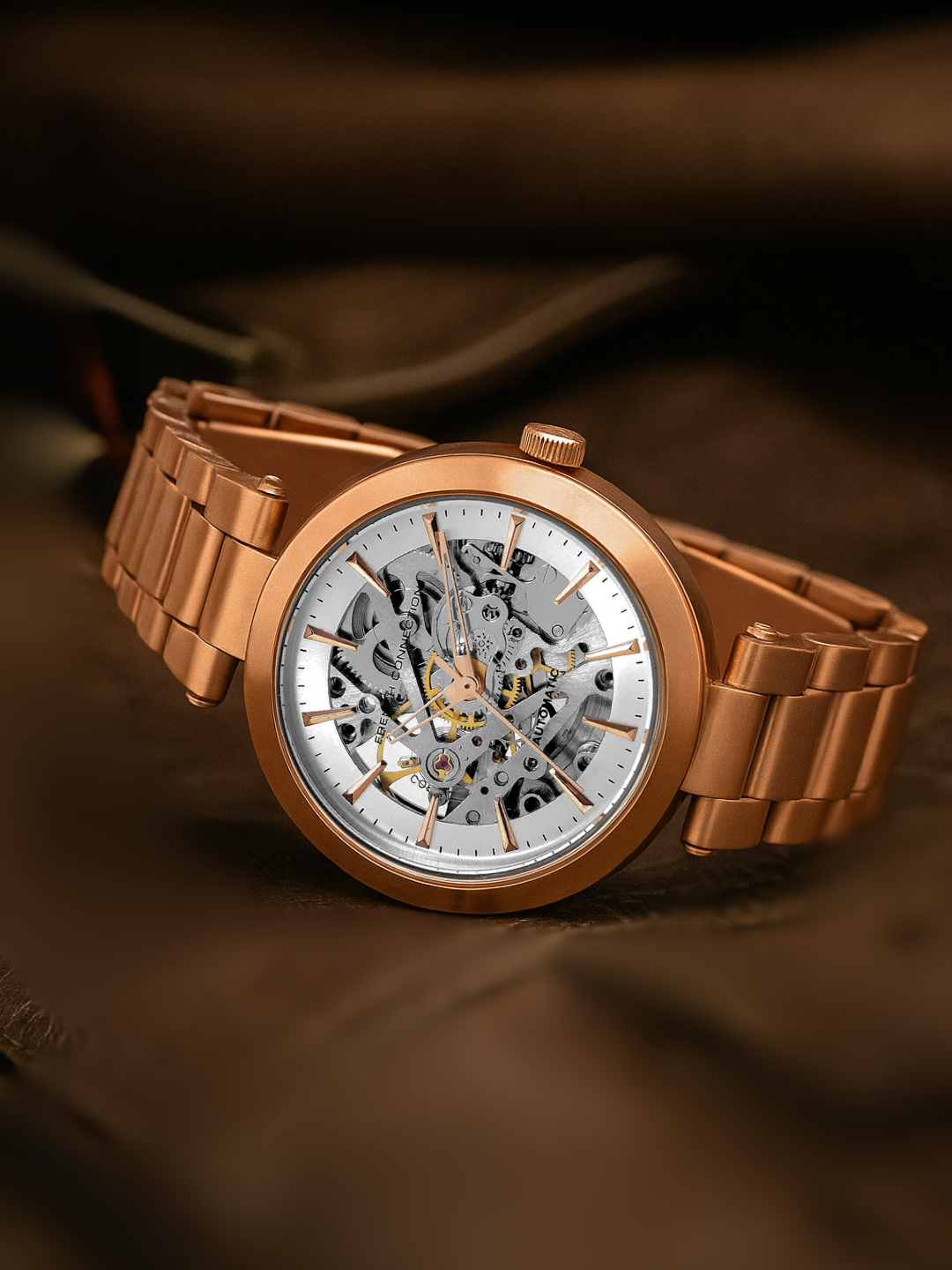 French Connection FCA21RGM Modern Silver White Skeleton Dial Rose Gold Stainless Steel Strap Women's Automatic Watch
