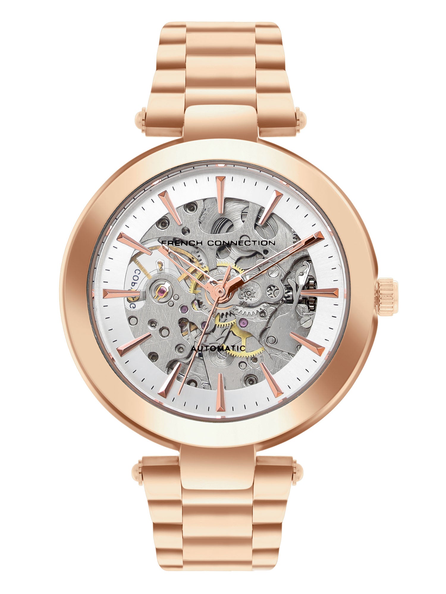 French Connection FCA21RGM Modern Silver White Skeleton Dial Rose Gold Stainless Steel Strap Women's Automatic Watch