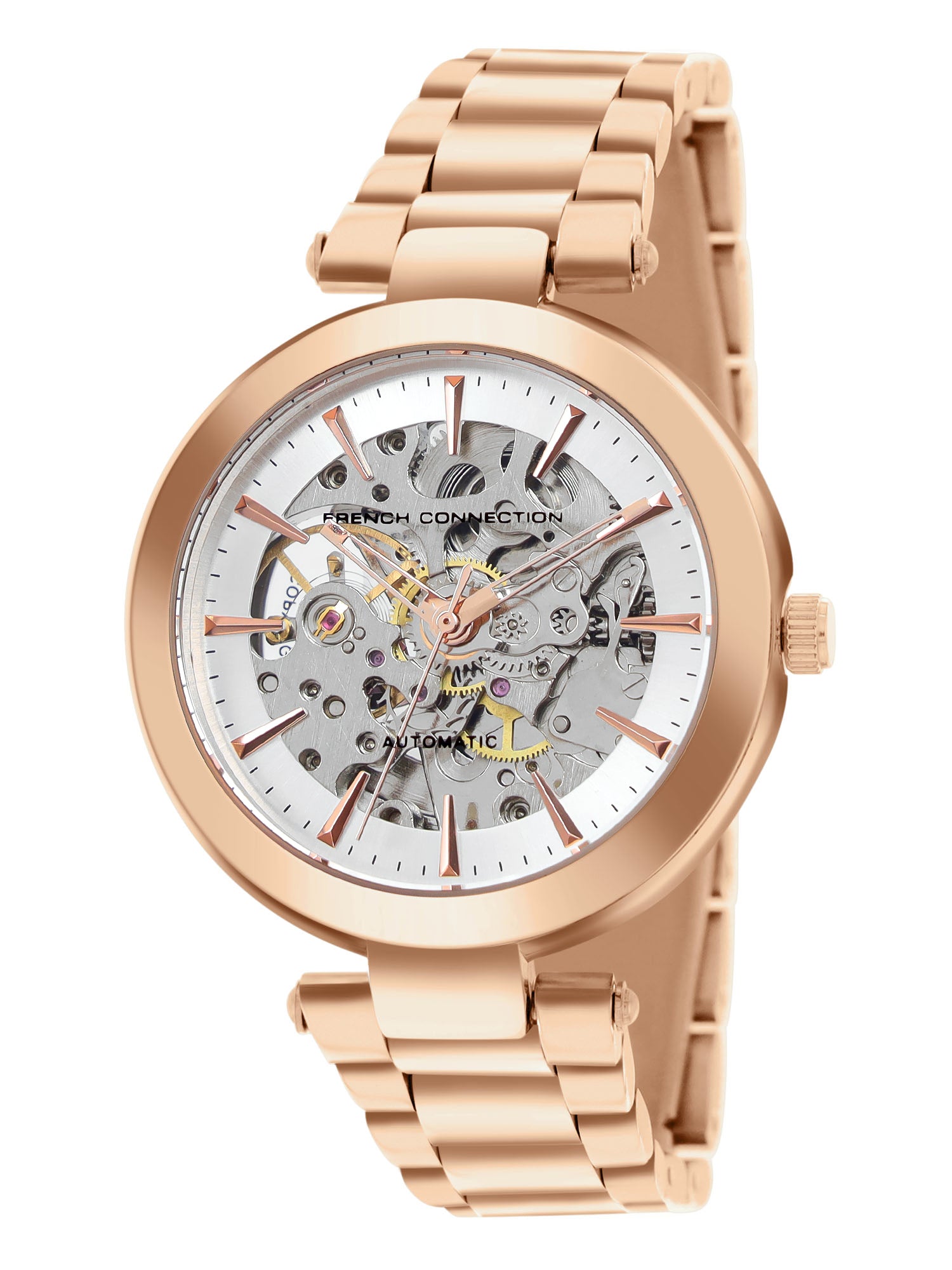 French Connection FCA21RGM Modern Silver White Skeleton Dial Rose Gold Stainless Steel Strap Women's Automatic Watch