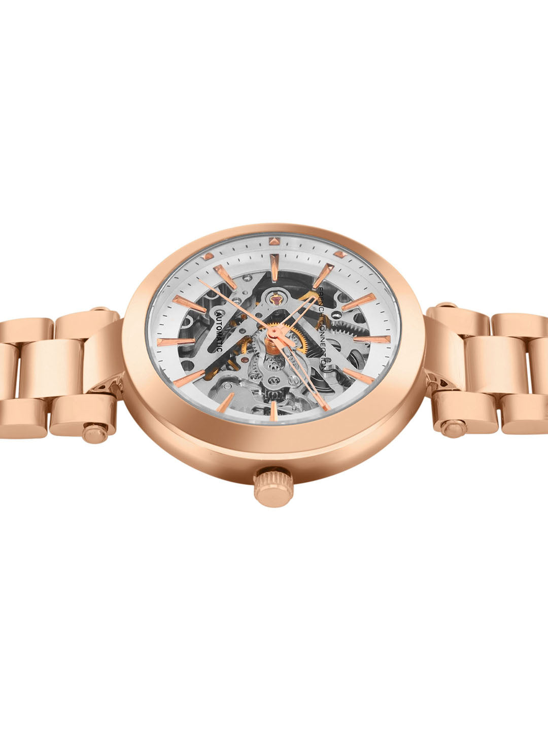 French Connection FCA21RGM Modern Silver White Skeleton Dial Rose Gold Stainless Steel Strap Women's Automatic Watch