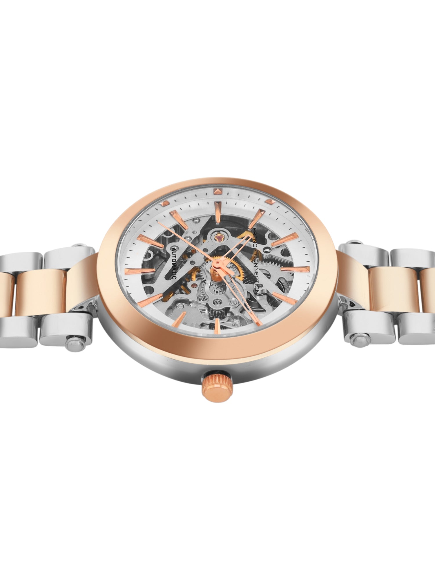 French Connection FCA21RTM Modern Silver White Skeleton Dial Rose Gold Two-Tone Stainless Steel Strap Women's Automatic Watch