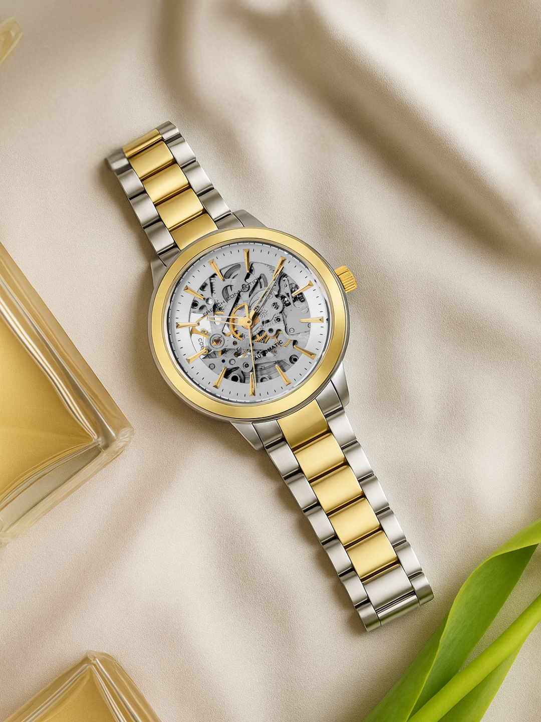 French Connection FCA21TM Modern Silver White Skeleton Dial Gold Two-Tone Stainless Steel Strap Women's Automatic Watch