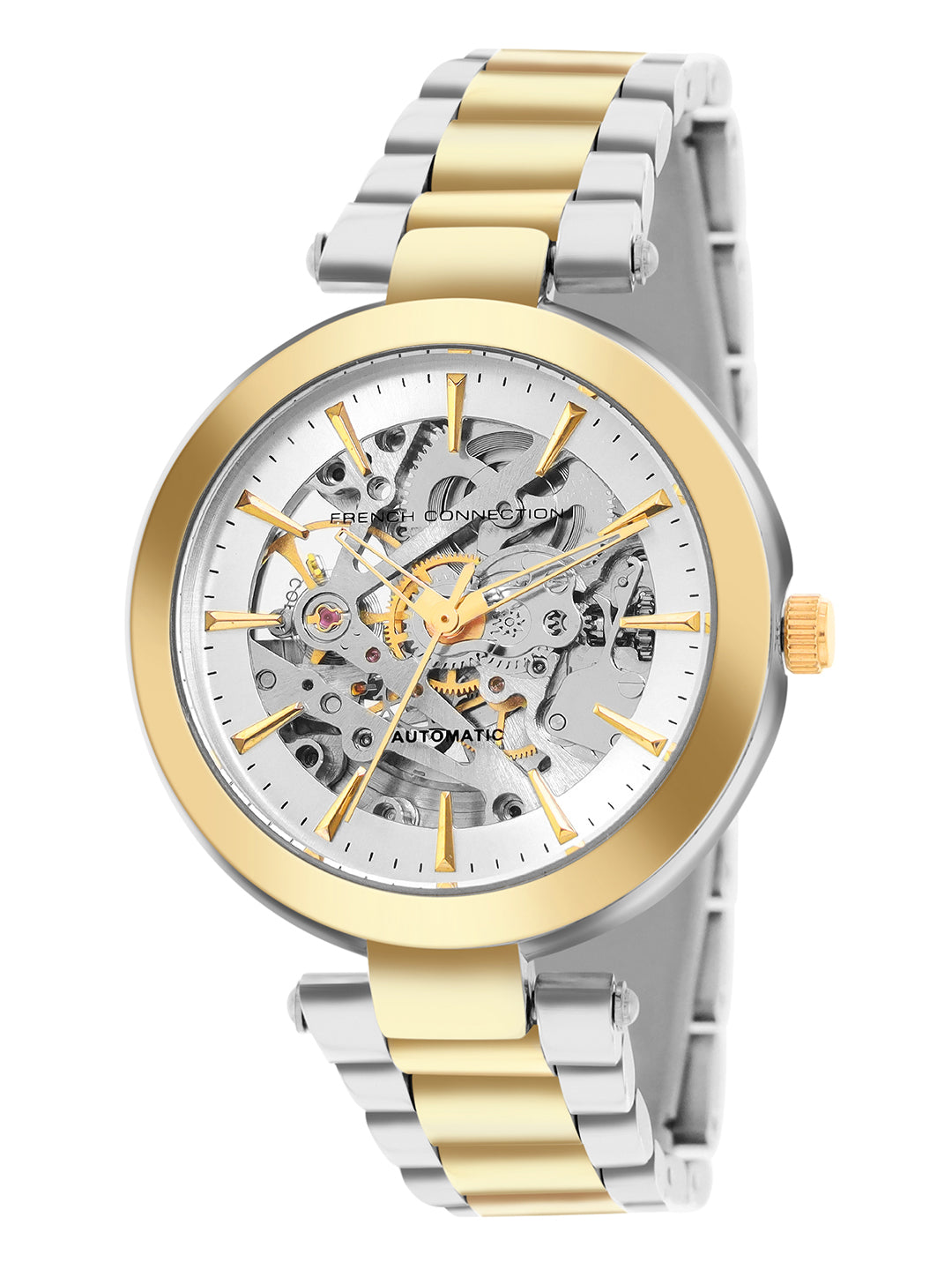 French Connection FCA21TM Modern Silver White Skeleton Dial Gold Two-Tone Stainless Steel Strap Women's Automatic Watch