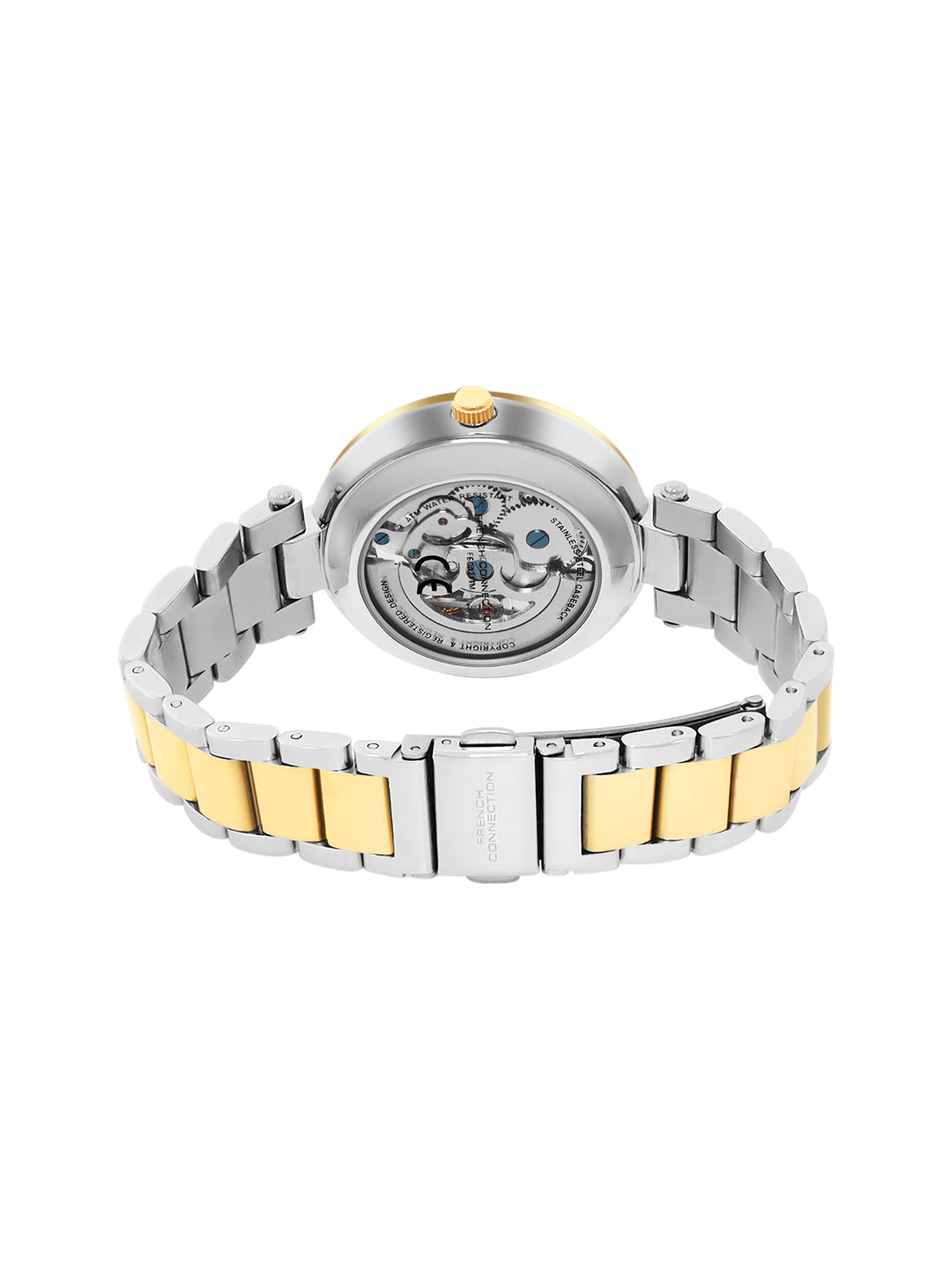 French Connection FCA21TM Modern Silver White Skeleton Dial Gold Two-Tone Stainless Steel Strap Women's Automatic Watch