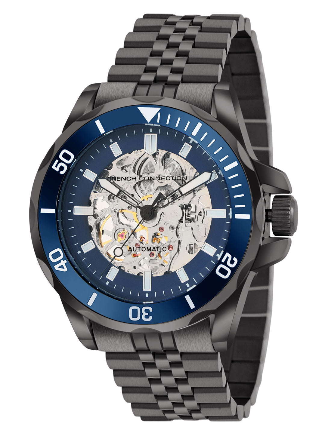 French Connection See Through Blue Round Dial With Stainless Steel Strap Automatic Watch - For Mens FCA22GNM