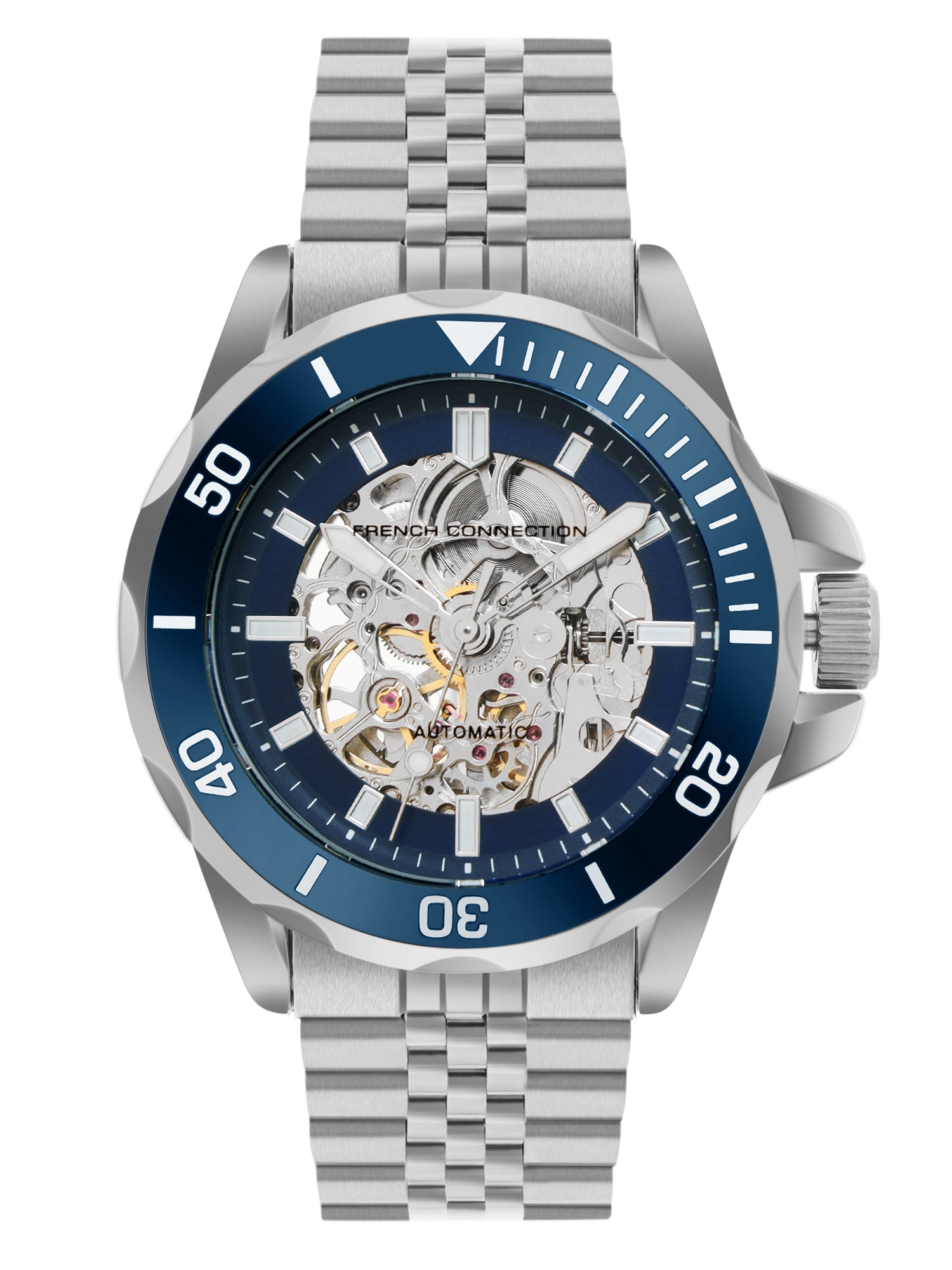 French Connection See Through Dark Blue Round Dial With Stainless Steel Strap Automatic Watch - For Mens FCA22USM