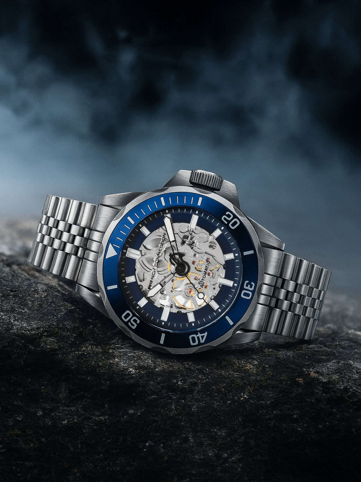 French Connection See Through Dark Blue Round Dial With Stainless Steel Strap Automatic Watch - For Mens FCA22USM