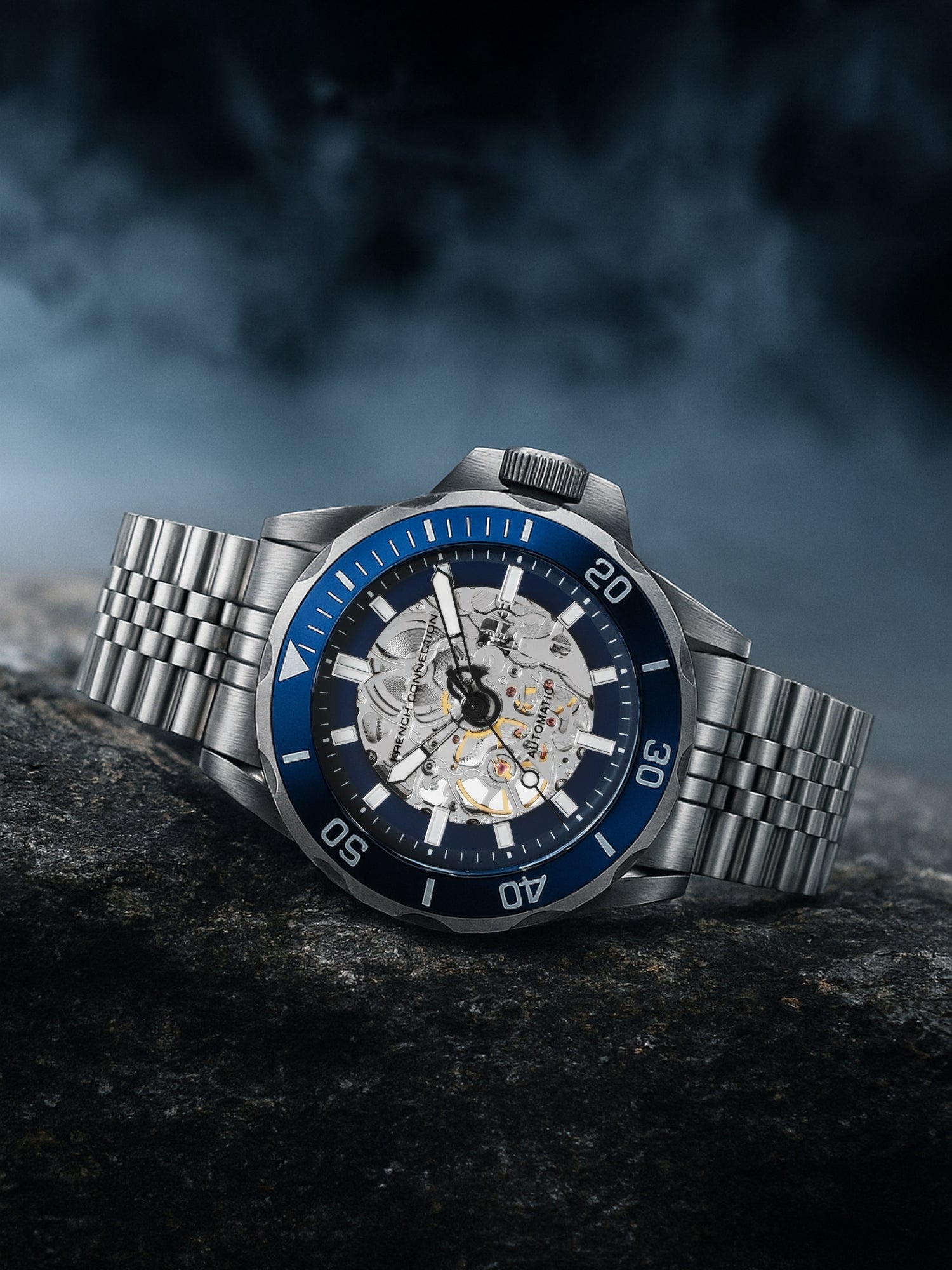 French Connection See Through Dark Blue Round Dial With Stainless Steel Strap Automatic Watch - For Mens FCA22USM