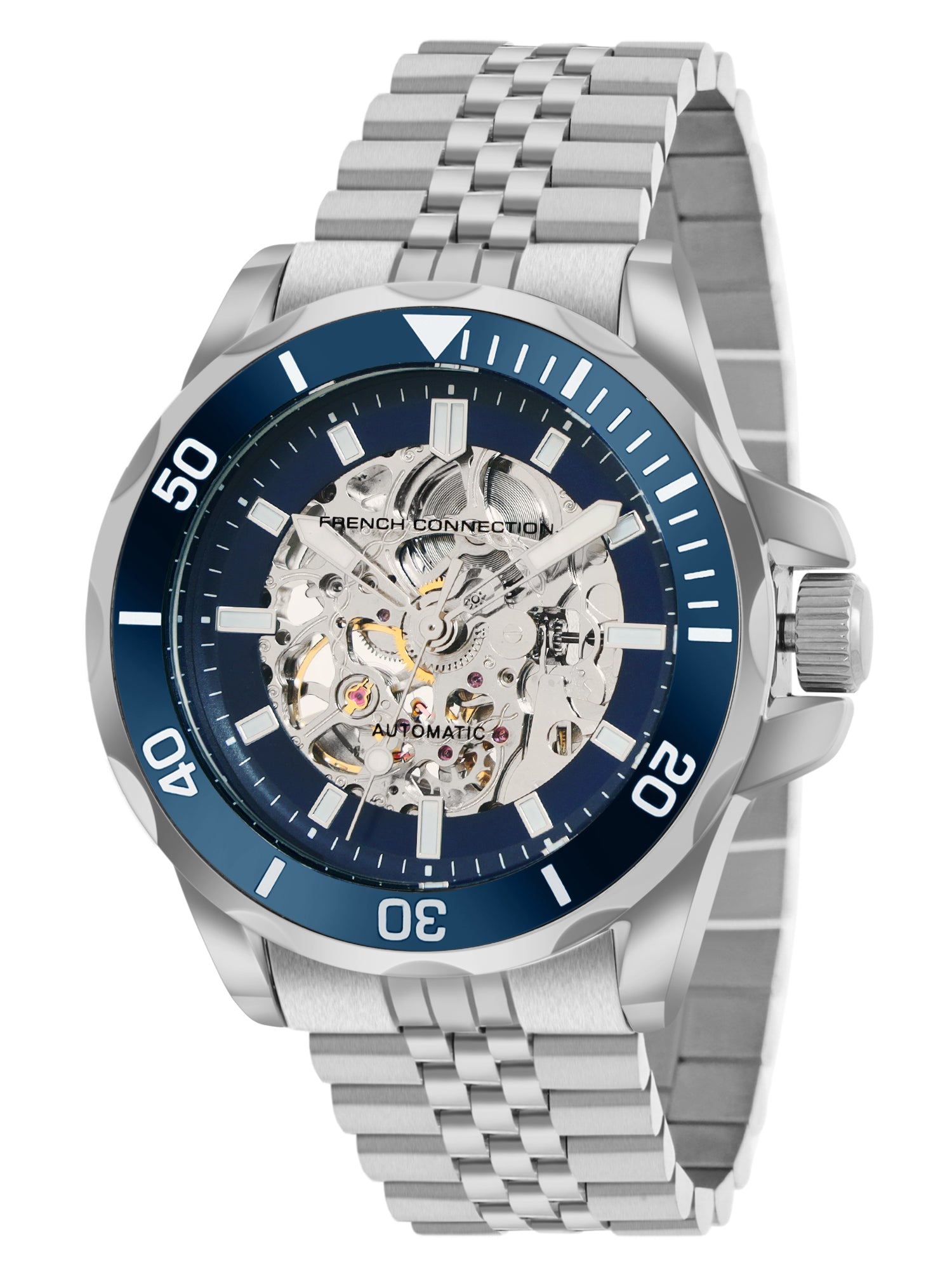 French Connection See Through Dark Blue Round Dial With Stainless Steel Strap Automatic Watch - For Mens FCA22USM