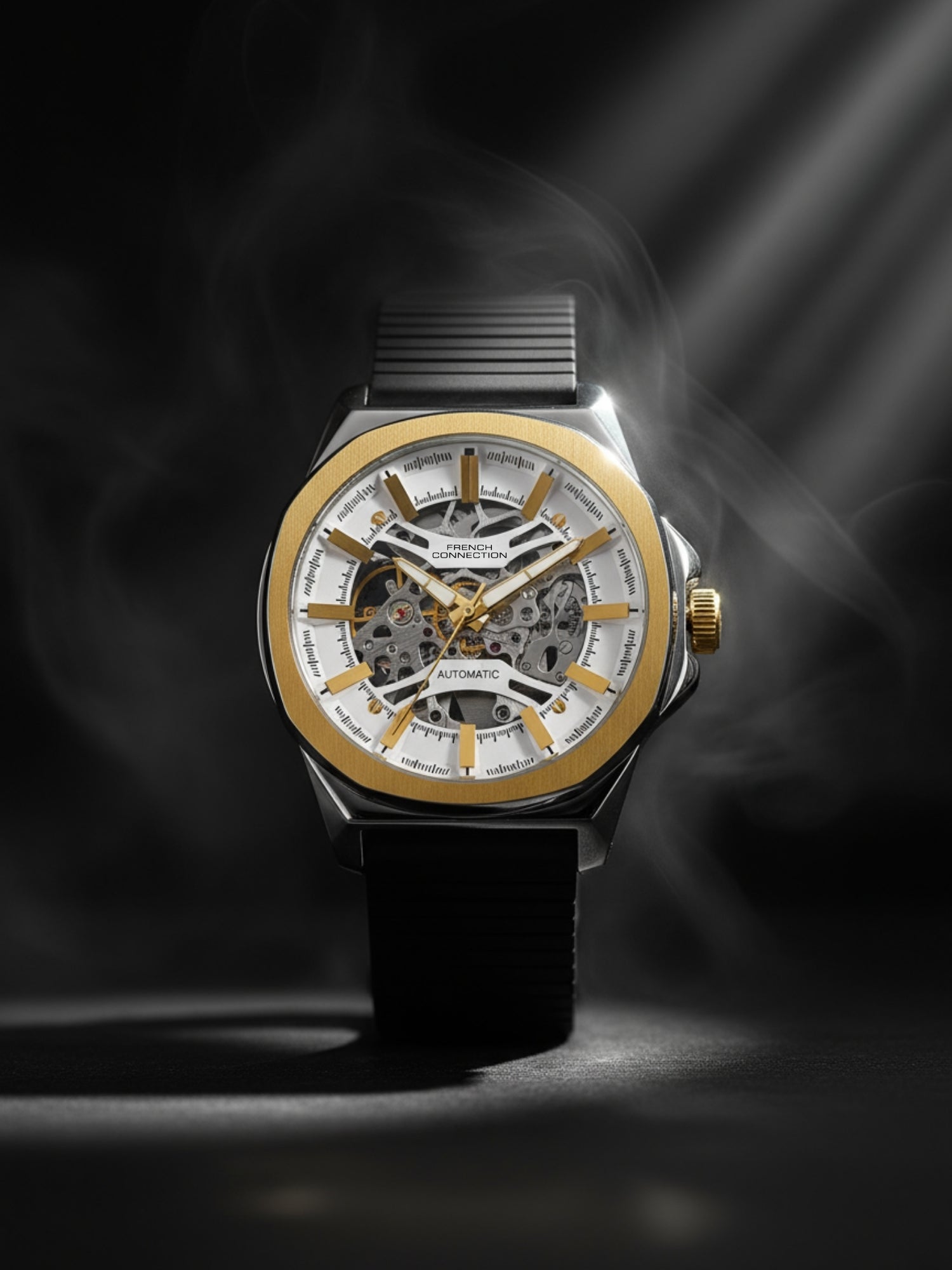 French Connection See Through Silver Round Dial With Black Silicone Strap Automatic Watch - For Mens FCA23BL