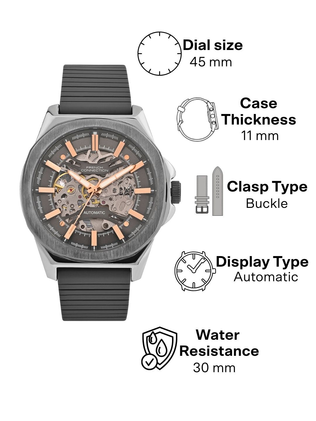 French Connection See Through Grey Round Dial With Grey Silicone Strap Automatic Watch - For Mens FCA23GNL