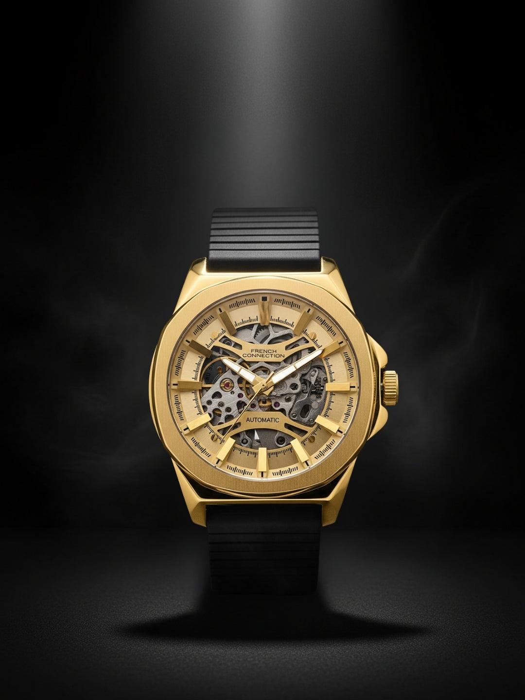 French Connection See Through Champagne Round Dial With Black Silicone Strap Automatic Watch - For Mens FCA23SBL
