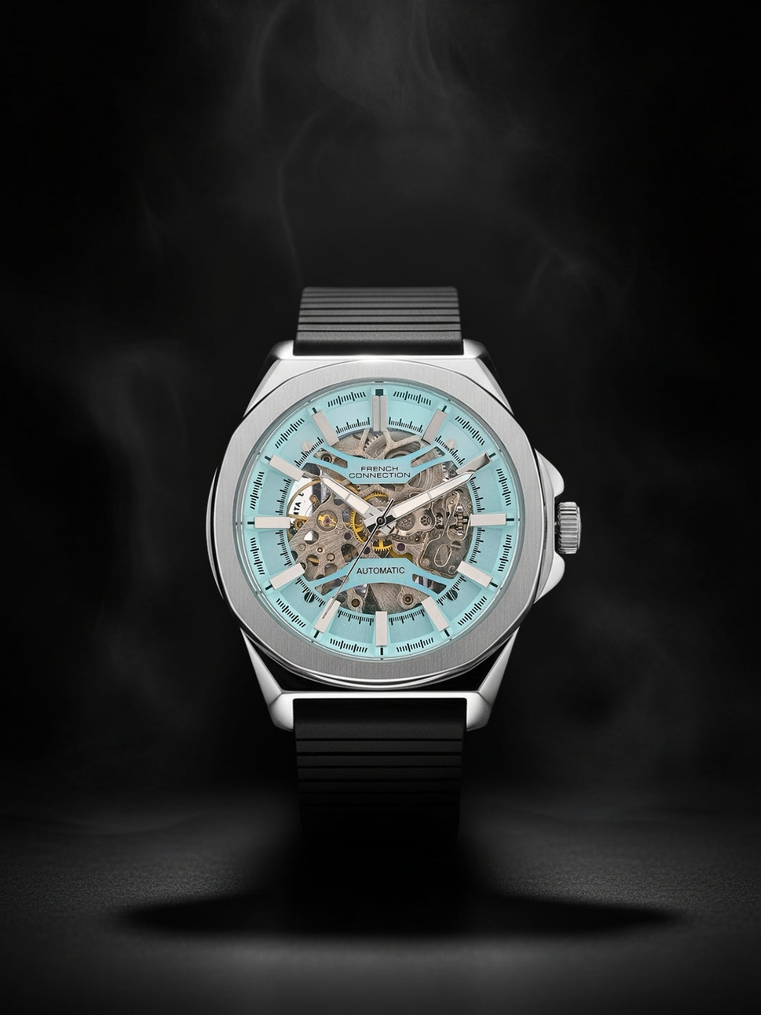 French Connection See Through Blue Round Dial With Black Silicone Strap Automatic Watch - For Mens FCA23UBL