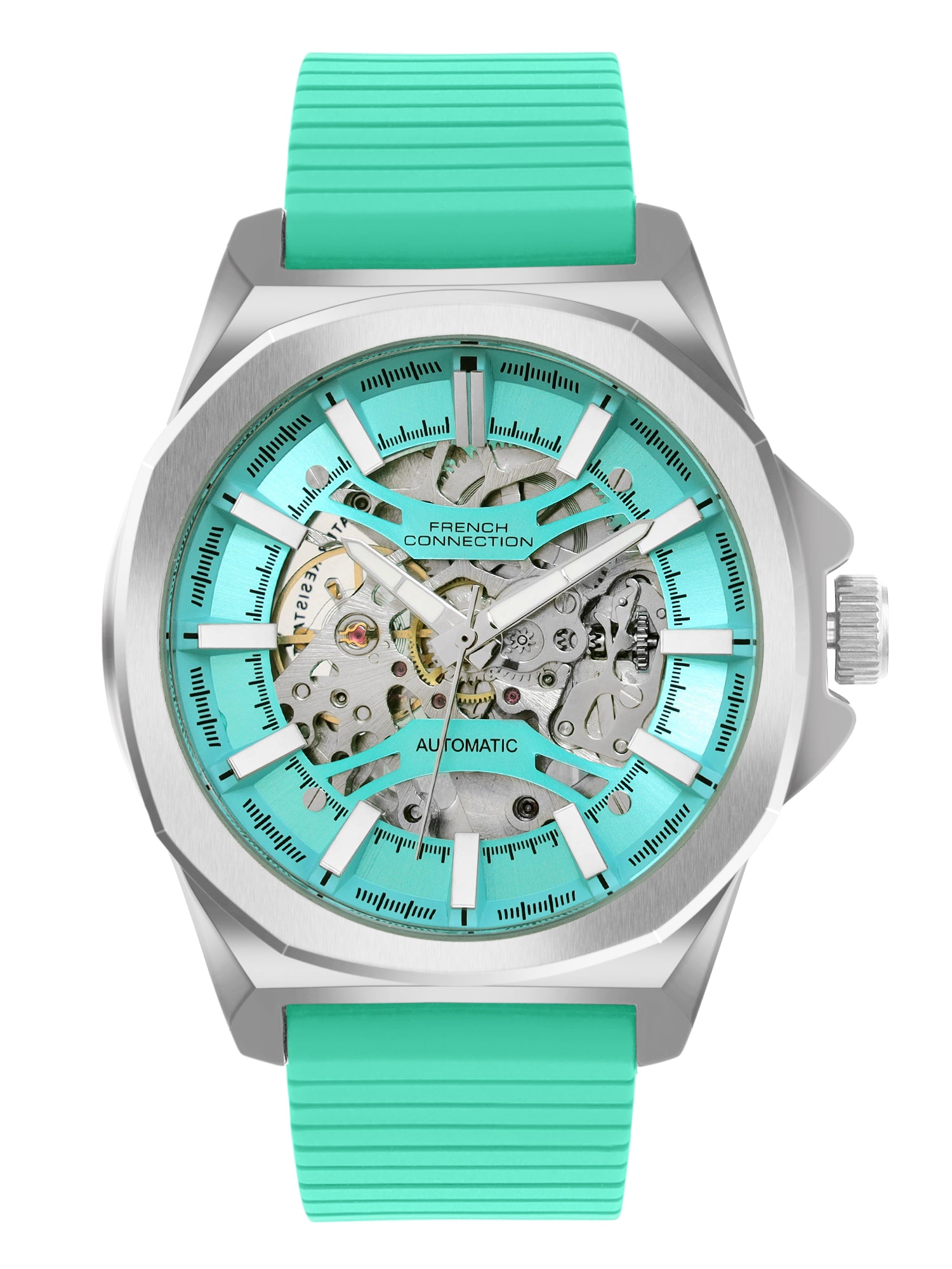 French Connection See Through Tiffany Blue Round Dial With Silicone Strap Automatic Watch - For Mens FCA23UL