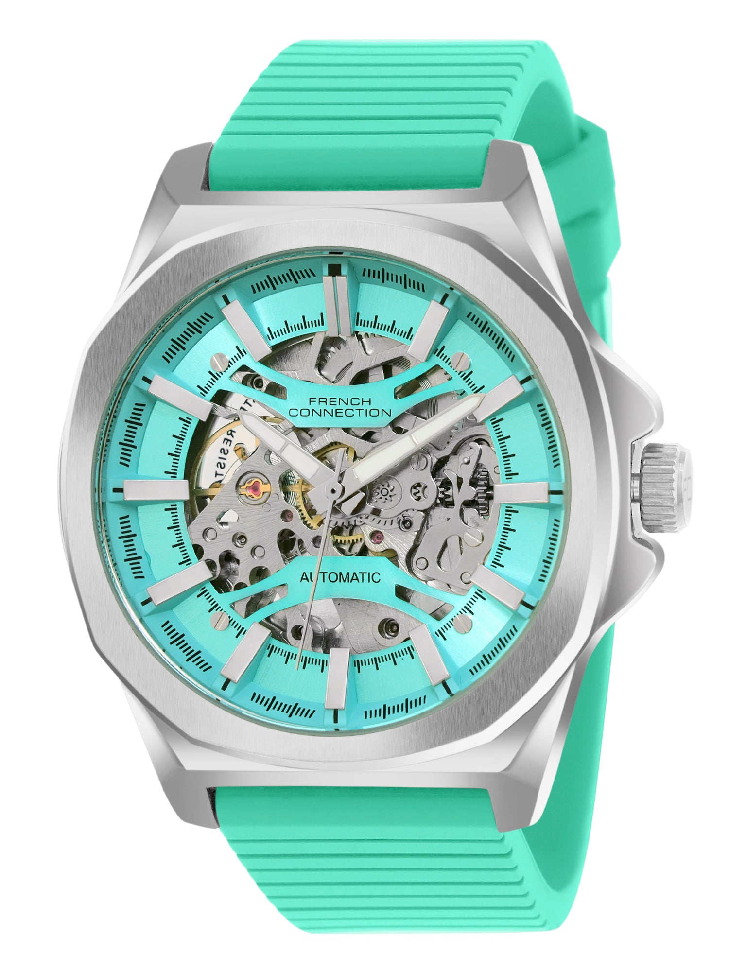 French Connection See Through Tiffany Blue Round Dial With Silicone Strap Automatic Watch - For Mens FCA23UL