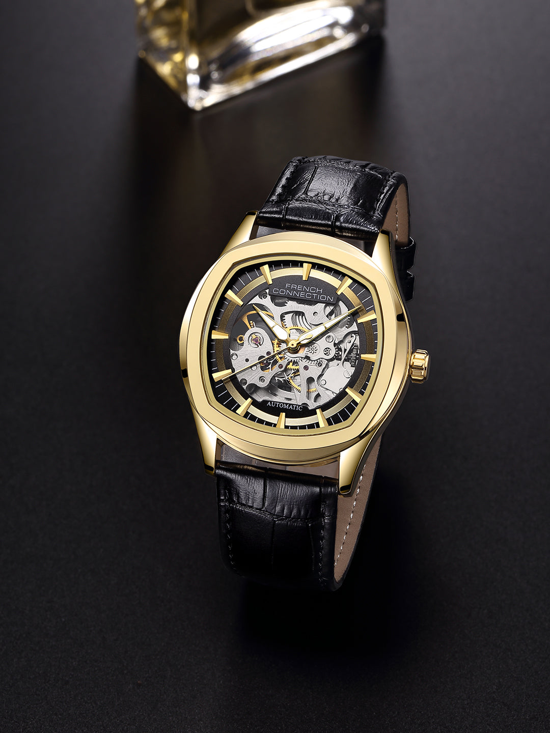 French Connection Gearion | Black Skeleton Dial | Black Leather Strap | Luxury Automatic Watch for Men - FCA25BL