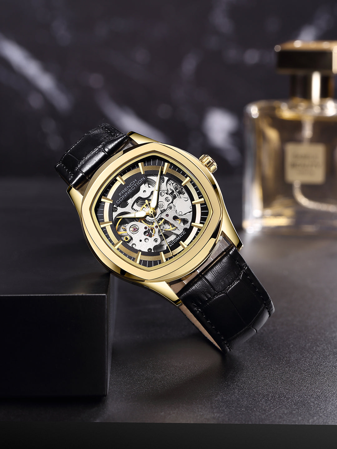 French Connection Gearion | Black Skeleton Dial | Black Leather Strap | Luxury Automatic Watch for Men - FCA25BL