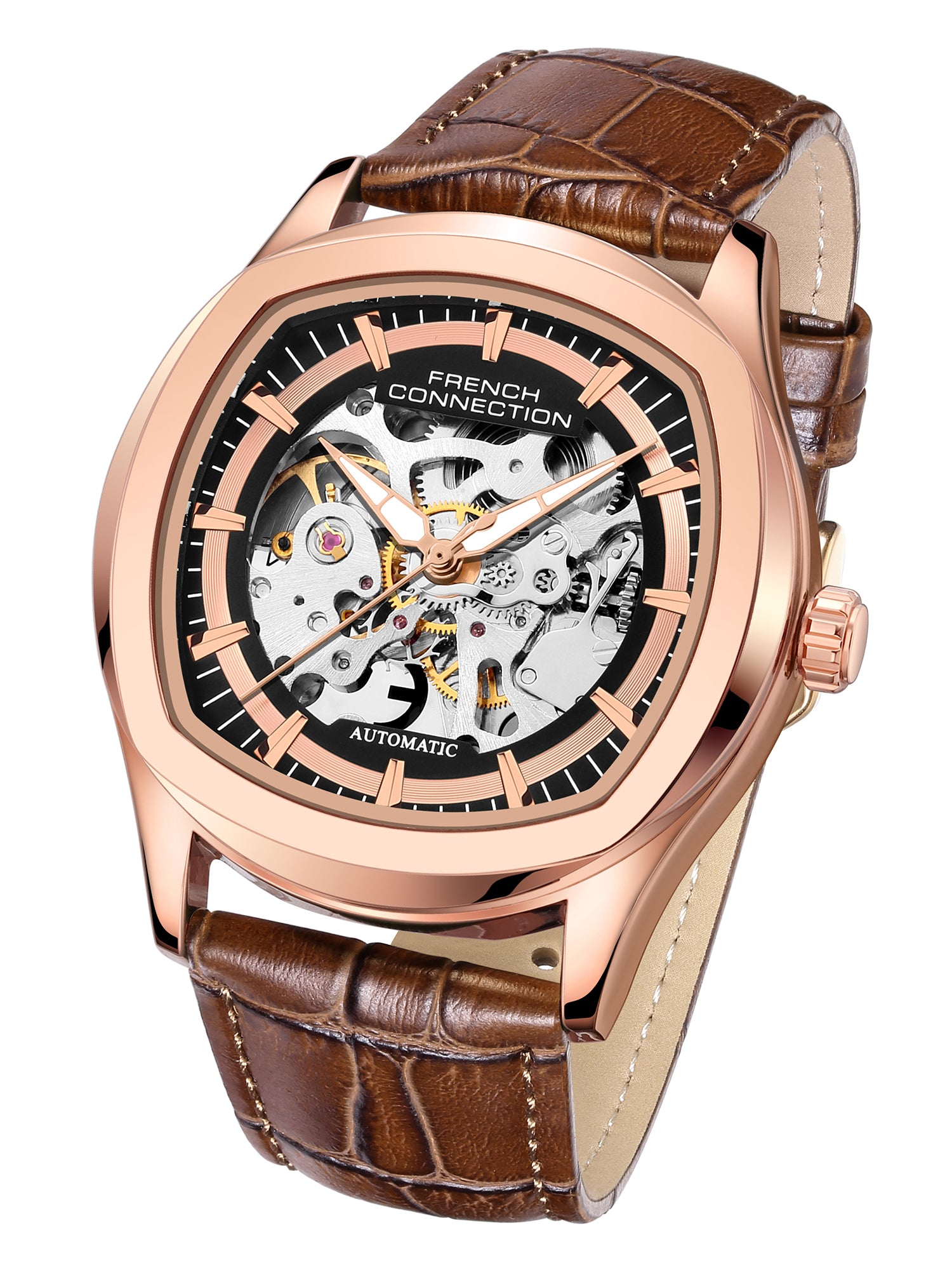 French Connection Gearion | Brown Skeleton Dial | Brown Leather Strap | Luxury Automatic Watch for Men - FCA25BRL