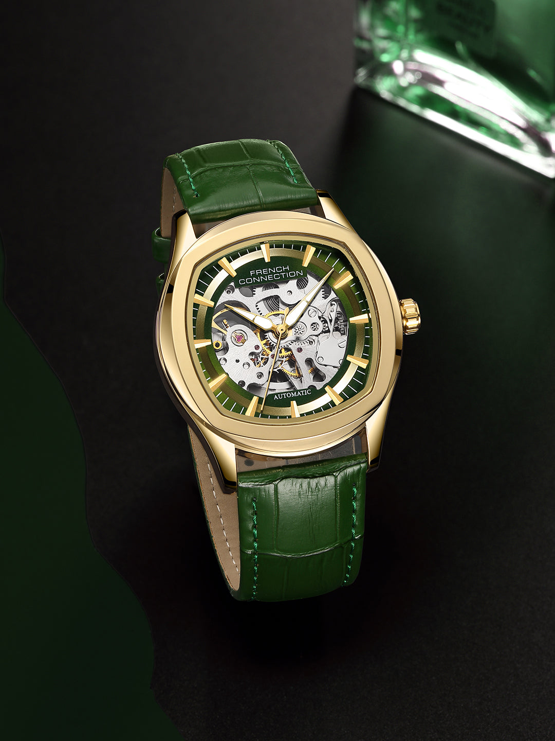 French Connection Gearion | Green Skeleton Dial | Green Leather Strap | Luxury Automatic Watch for Men - FCA25NL