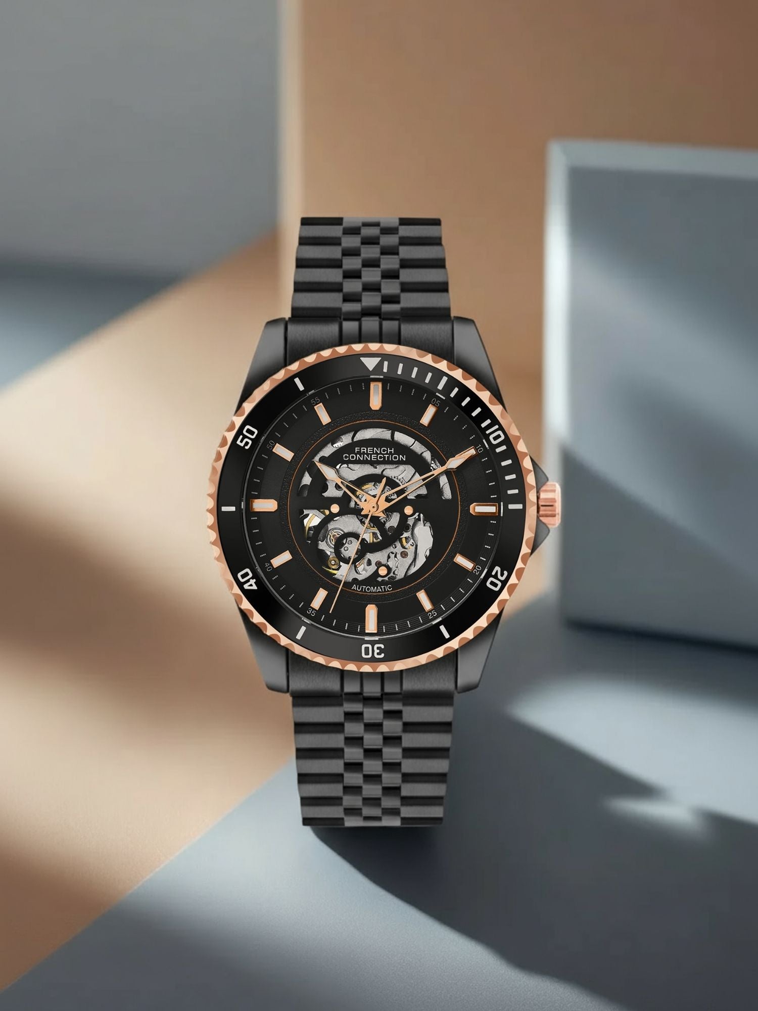 French Connection Aether Drive Men's Automatic Watch with Black Skeleton Dial, Black Stainless Steel Bracelet & Exhibition Case Back – FCA26BBM
