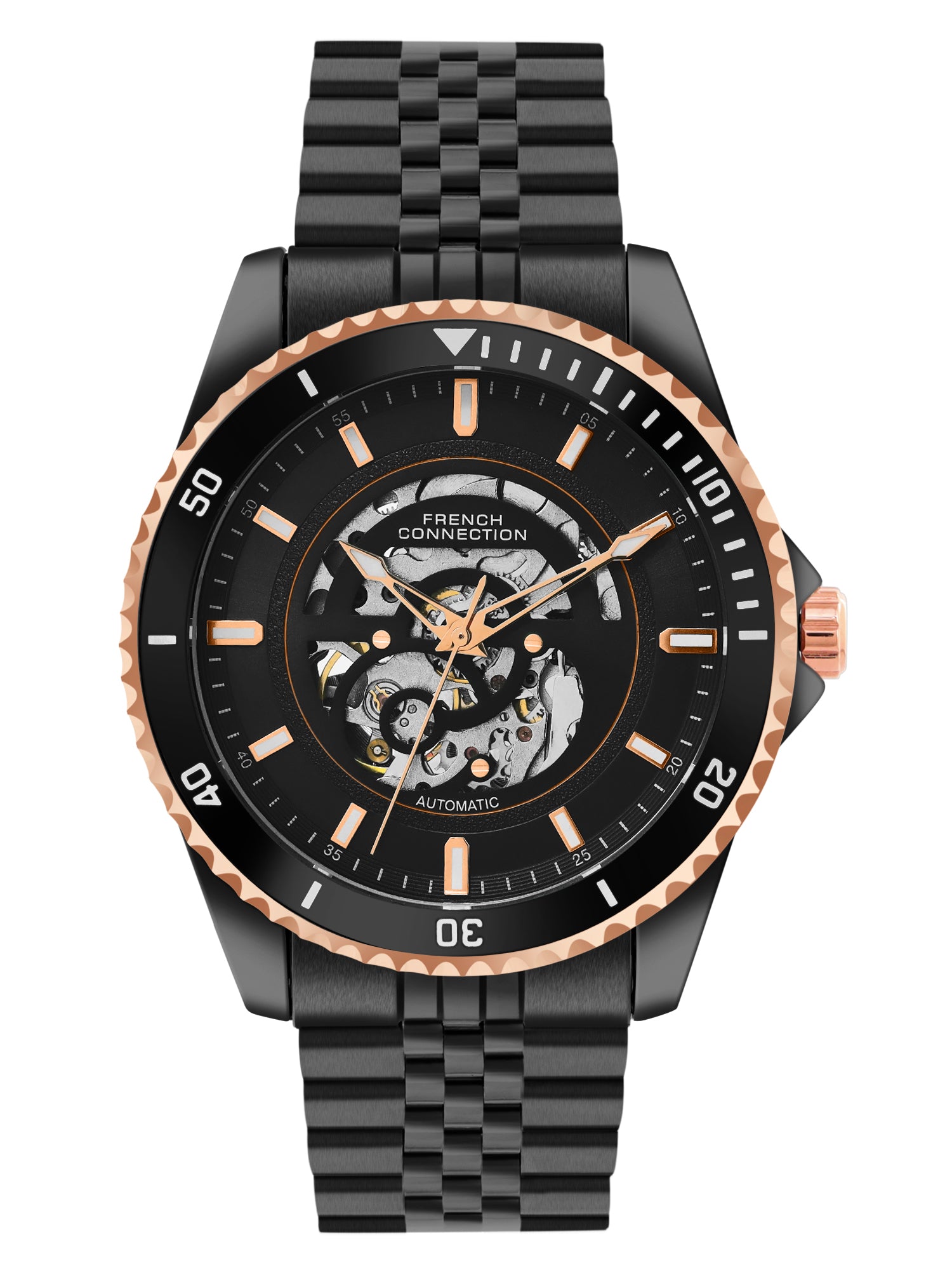 French Connection Aether Drive Men's Automatic Watch with Black Skeleton Dial, Black Stainless Steel Bracelet & Exhibition Case Back – FCA26BBM