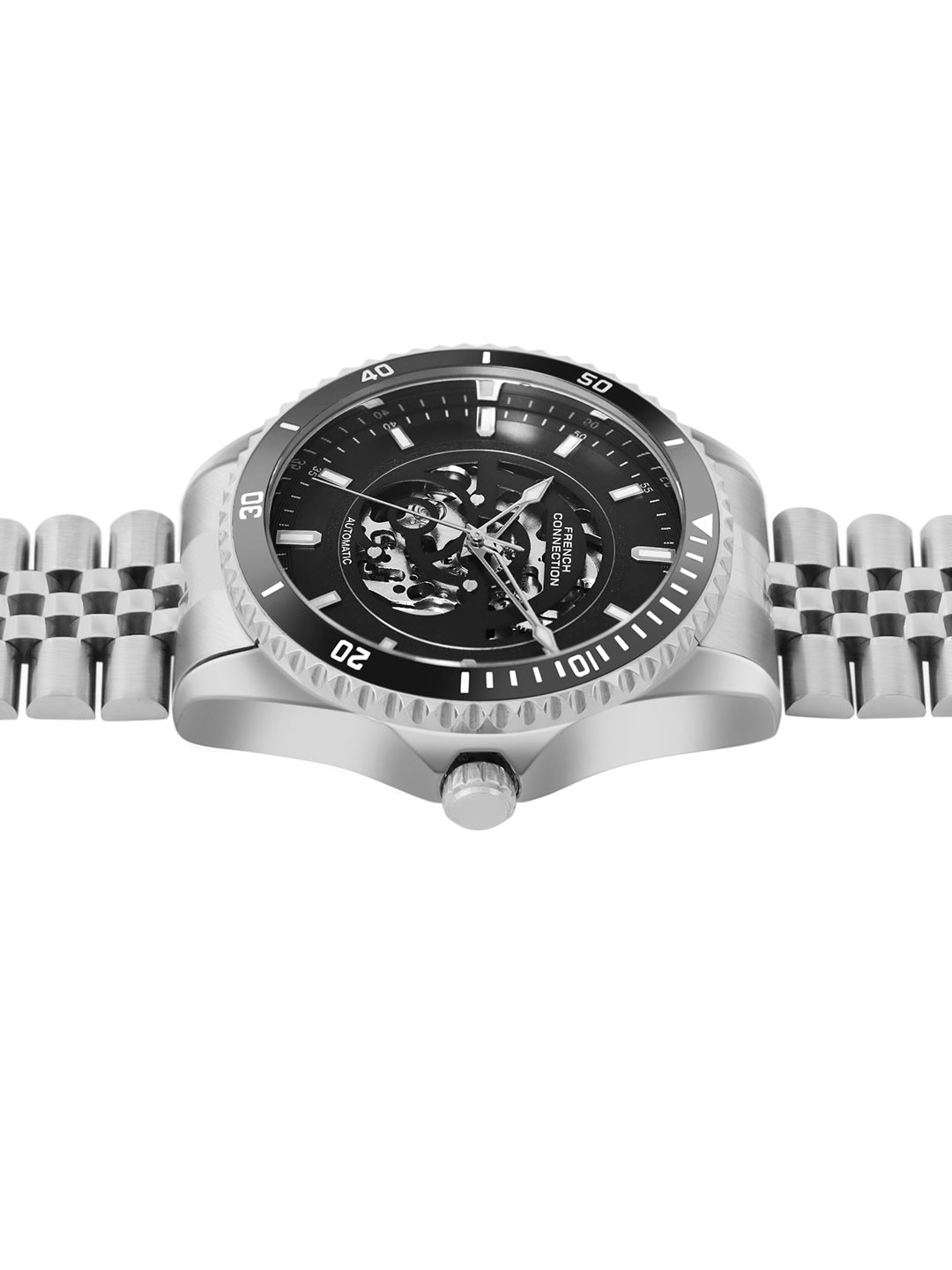 French Connection Aether Drive Men's Automatic Skeleton Watch with Black Sunray Dial, Silver Stainless Steel Bracelet & Exhibition Case Back – FCA26BSM