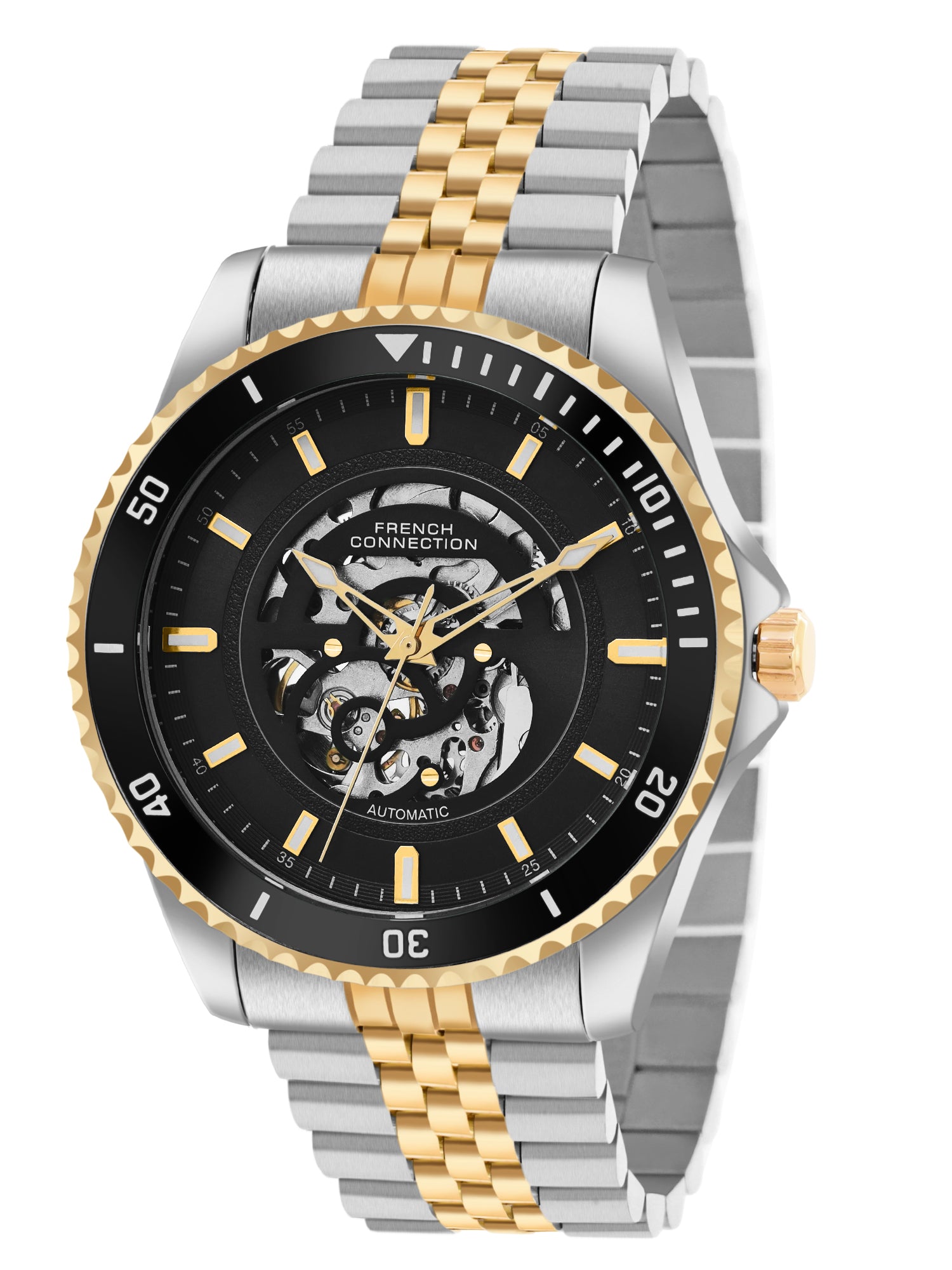 French Connection Aether Drive Men's Automatic Skeleton Watch with Black Sunray Dial, Two-Tone Gold & Silver Stainless Steel Bracelet – FCA26BTM