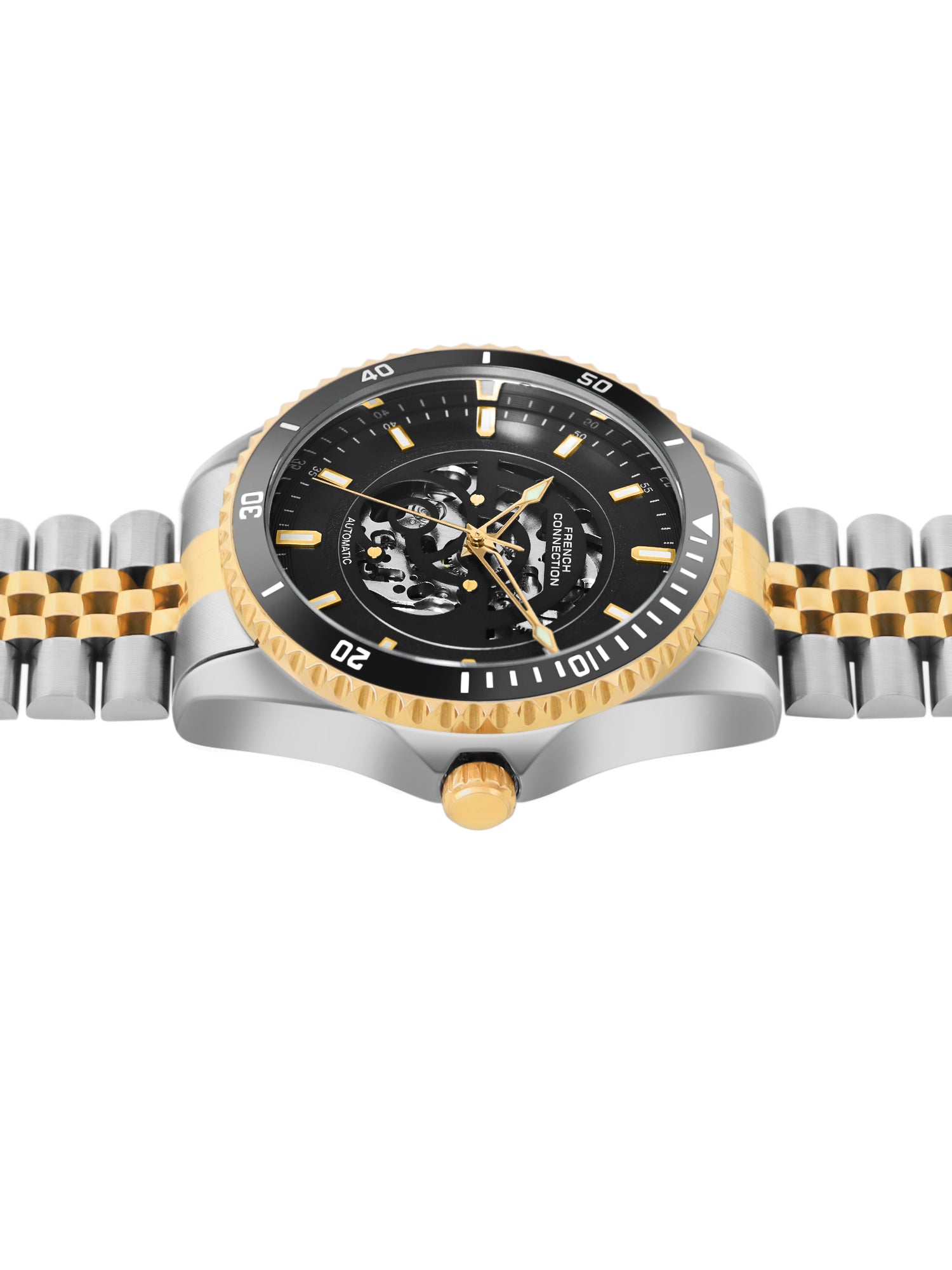 French Connection Aether Drive Men's Automatic Skeleton Watch with Black Sunray Dial, Two-Tone Gold & Silver Stainless Steel Bracelet – FCA26BTM