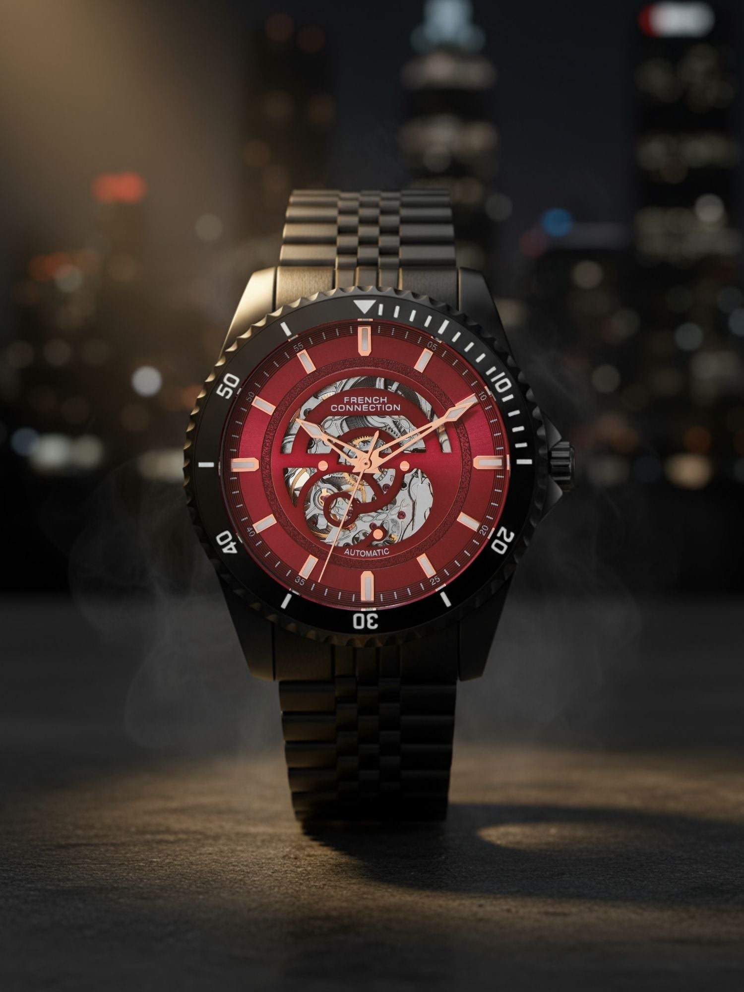 French Connection Aether Drive Men's Automatic Skeleton Watch with Burgundy Sunray Dial, Black Stainless Steel Bracelet & Exhibition Case Back – FCA26MBM