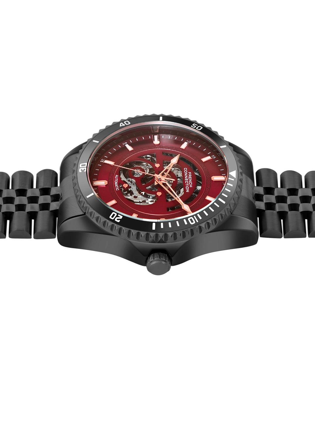 French Connection Aether Drive Men's Automatic Skeleton Watch with Burgundy Sunray Dial, Black Stainless Steel Bracelet & Exhibition Case Back – FCA26MBM