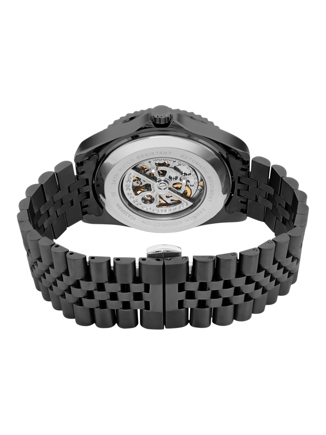 French Connection Aether Drive Men's Automatic Skeleton Watch with Burgundy Sunray Dial, Black Stainless Steel Bracelet & Exhibition Case Back – FCA26MBM