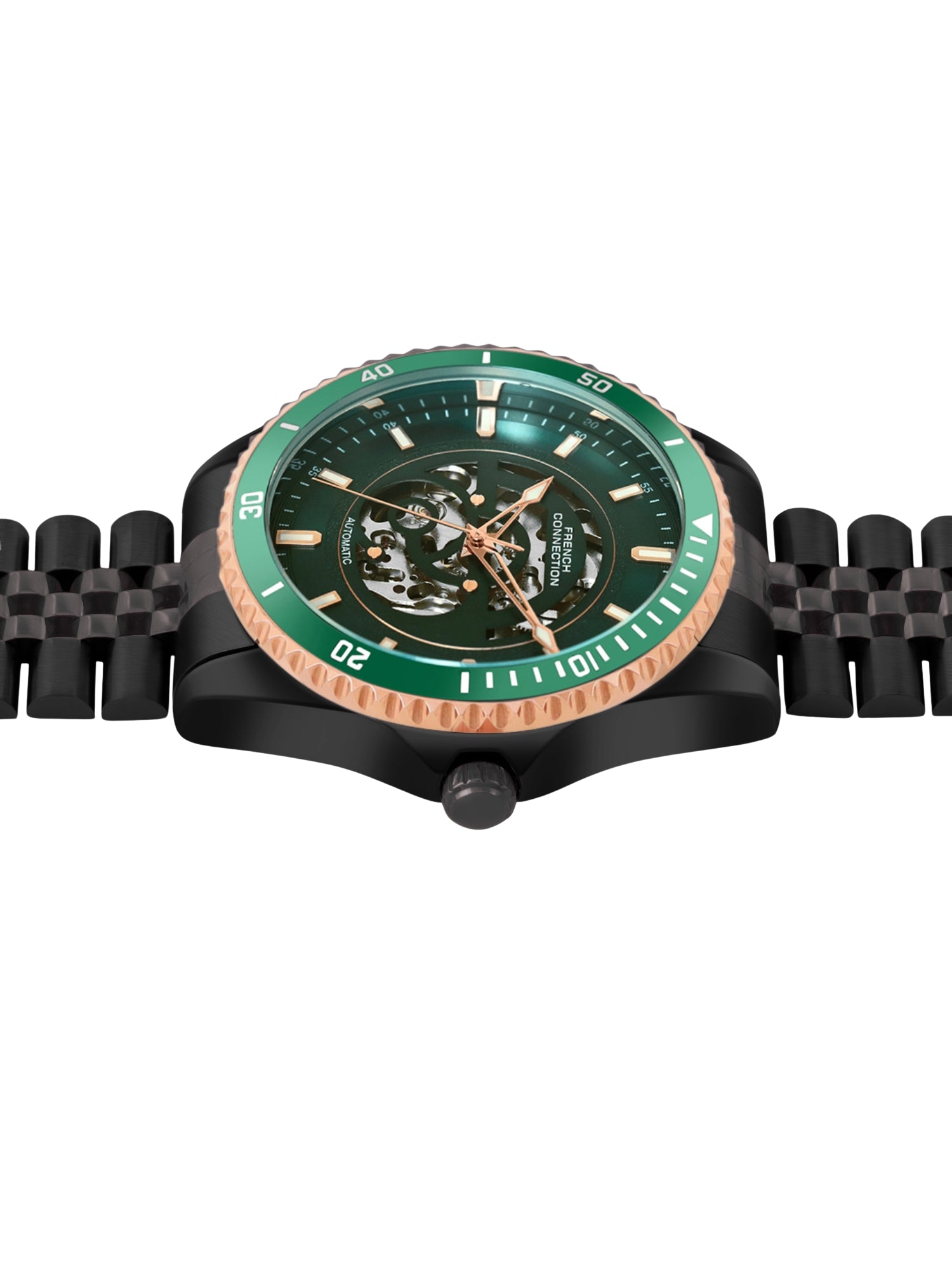 French Connection Aether Drive Men's Automatic Skeleton Watch with Green Sunray Dial, Black Stainless Steel Bracelet & Exhibition Case Back – FCA26NBM