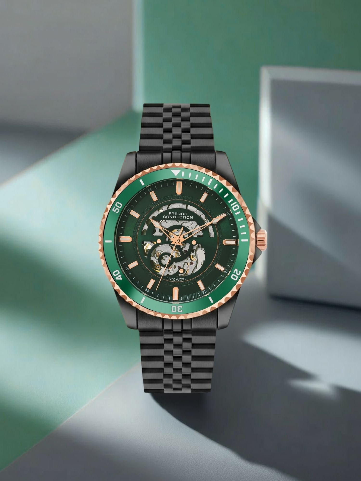 French Connection Aether Drive Men's Automatic Skeleton Watch with Green Sunray Dial, Black Stainless Steel Bracelet & Exhibition Case Back – FCA26NBM