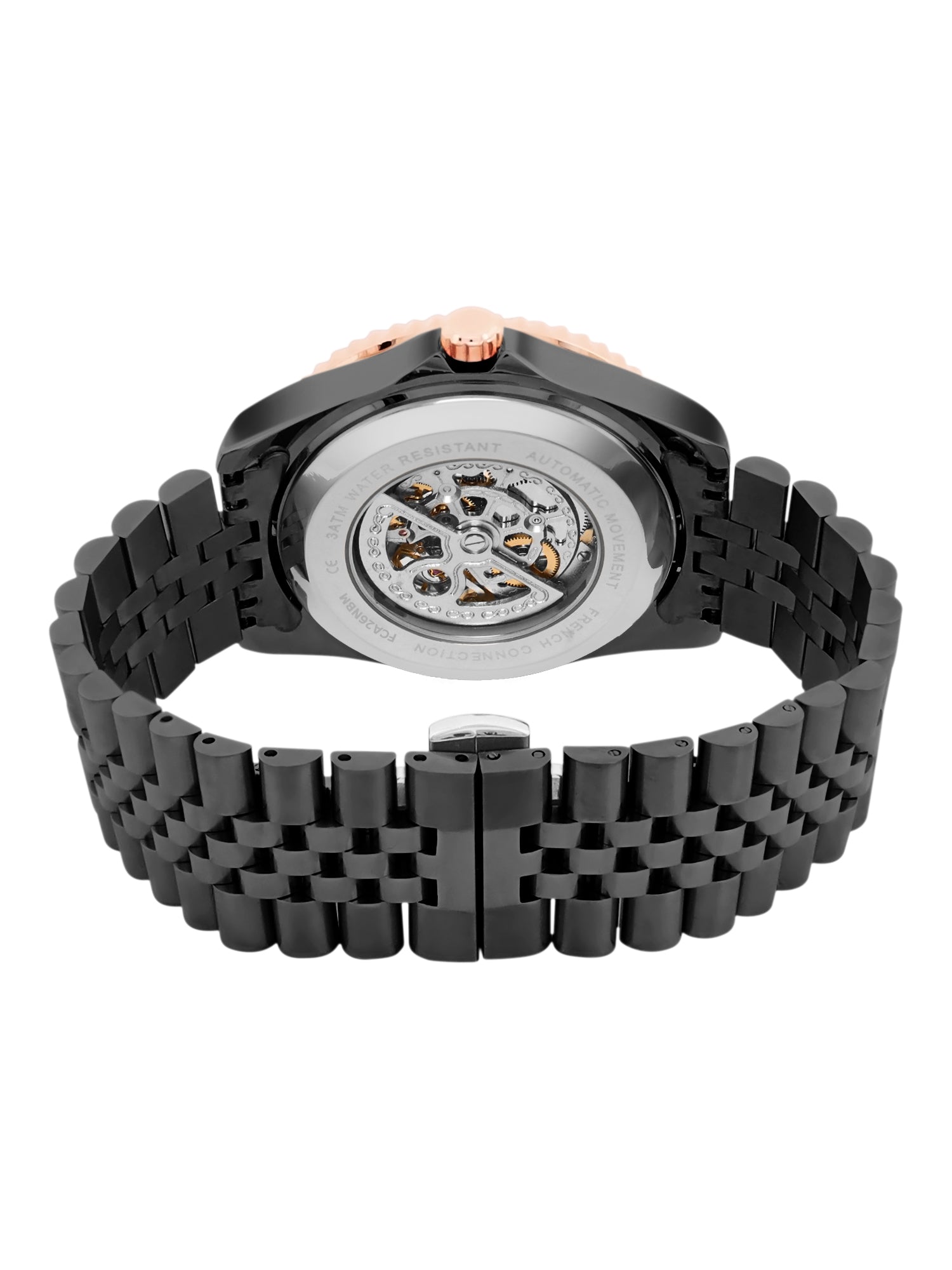 French Connection Aether Drive Men's Automatic Skeleton Watch with Green Sunray Dial, Black Stainless Steel Bracelet & Exhibition Case Back – FCA26NBM