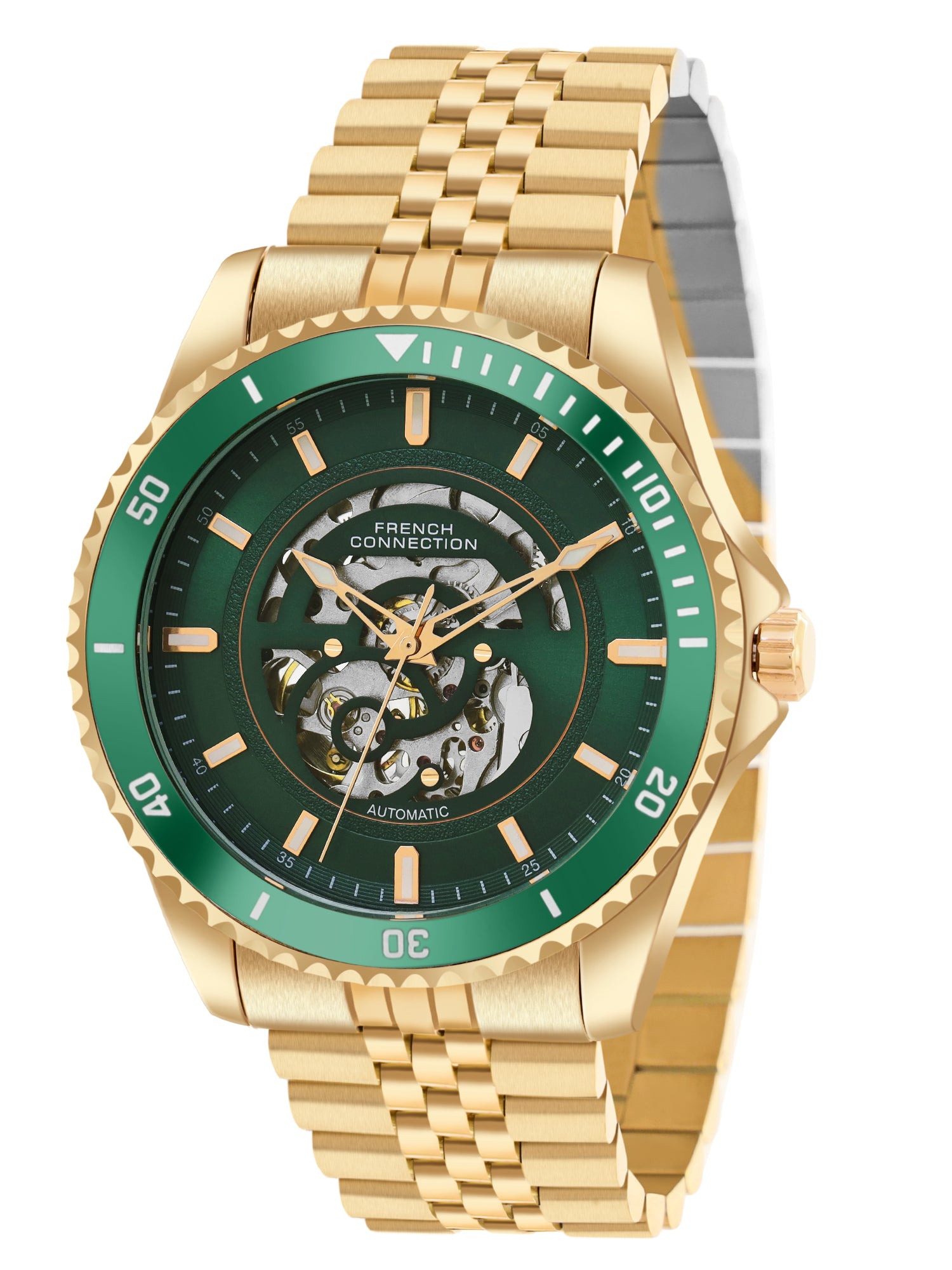 French Connection Aether Drive Men's Automatic Skeleton Watch with Green Sunray Dial, Gold Stainless Steel Bracelet & Exhibition Case Back – FCA26NGM