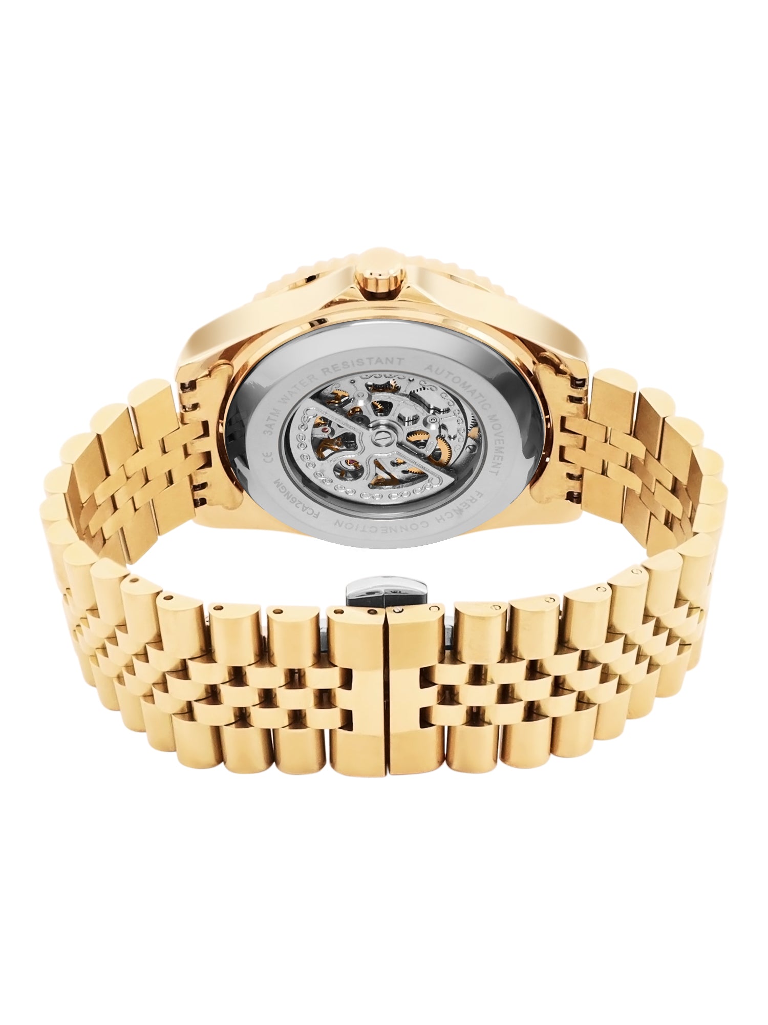 French Connection Aether Drive Men's Automatic Skeleton Watch with Green Sunray Dial, Gold Stainless Steel Bracelet & Exhibition Case Back – FCA26NGM