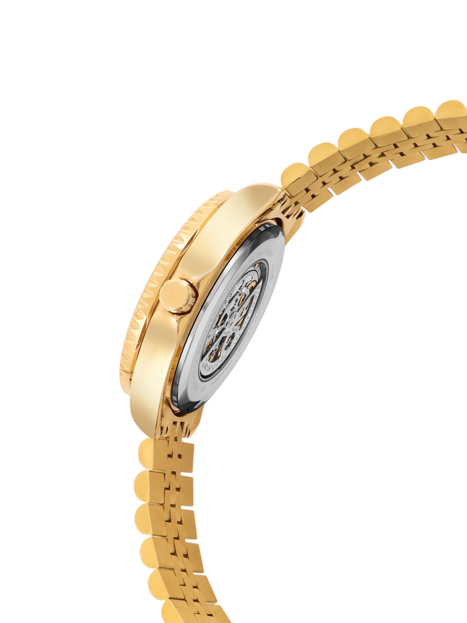 French Connection Aether Drive Men's Automatic Skeleton Watch with Green Sunray Dial, Gold Stainless Steel Bracelet & Exhibition Case Back – FCA26NGM