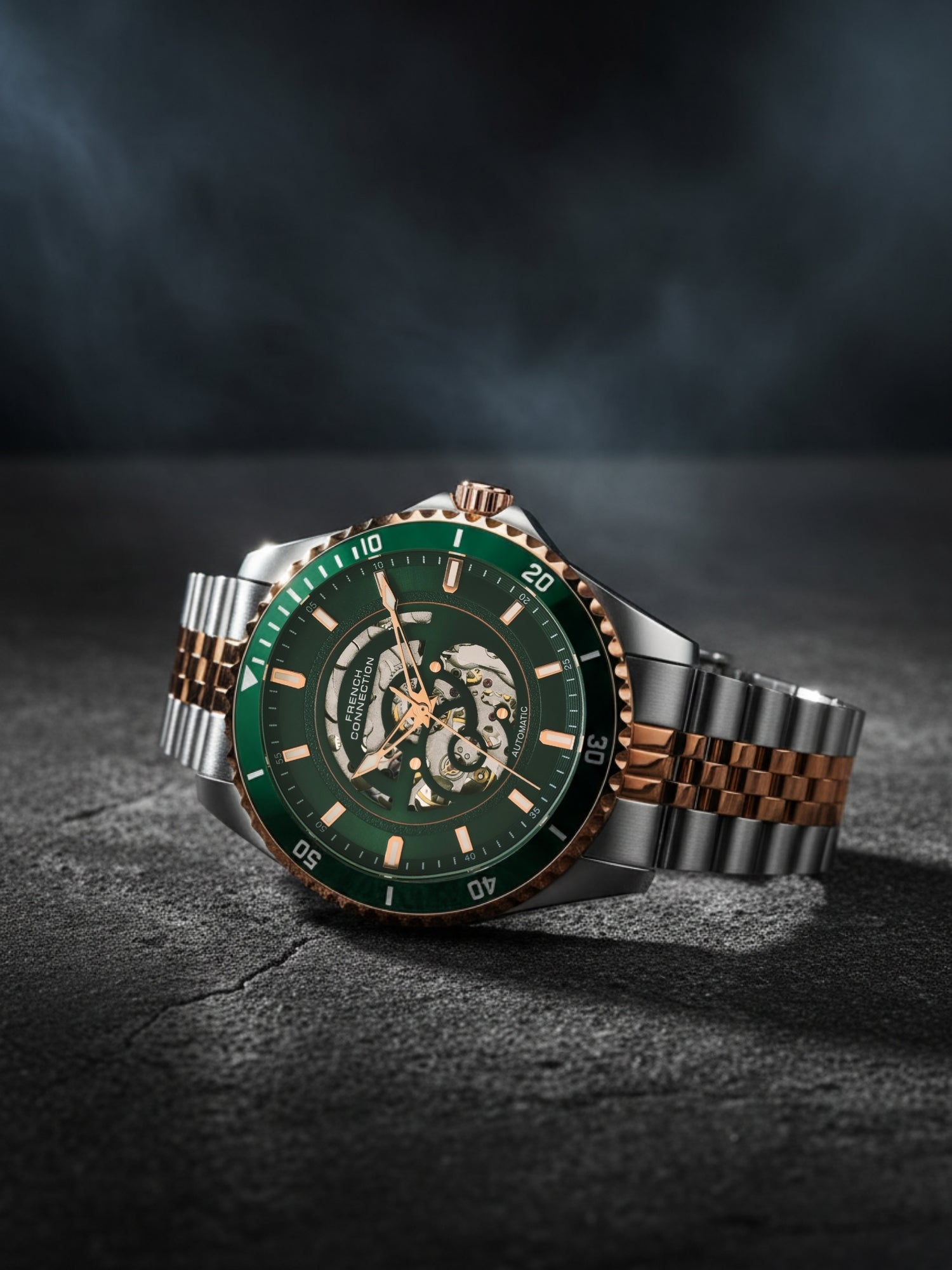 French Connection Aether Drive Men's Automatic Skeleton Watch with Green Sunray Dial, Two-Tone Rose Gold & Silver Stainless Steel Bracelet – FCA26NRTM