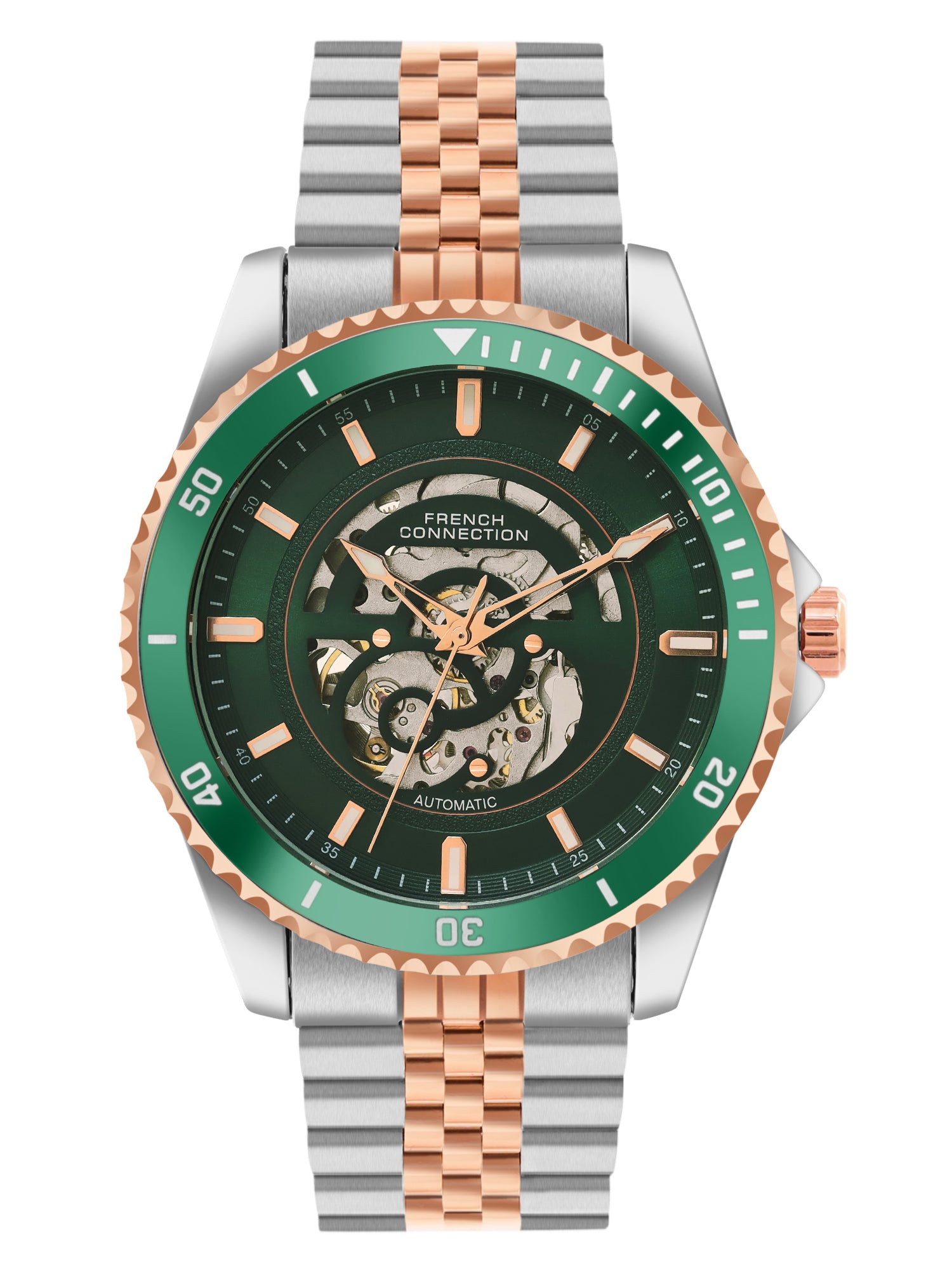 French Connection Aether Drive Men's Automatic Skeleton Watch with Green Sunray Dial, Two-Tone Rose Gold & Silver Stainless Steel Bracelet – FCA26NRTM