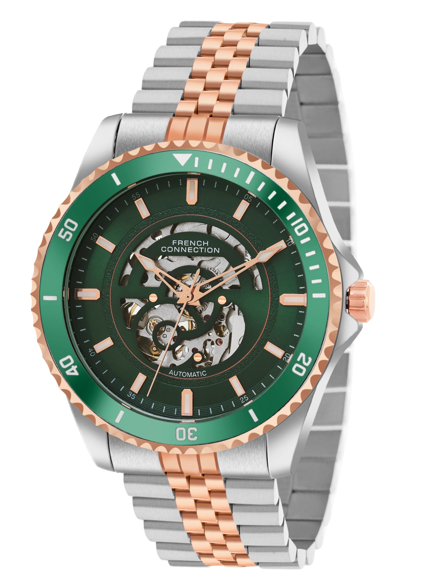 French Connection Aether Drive Men's Automatic Skeleton Watch with Green Sunray Dial, Two-Tone Rose Gold & Silver Stainless Steel Bracelet – FCA26NRTM