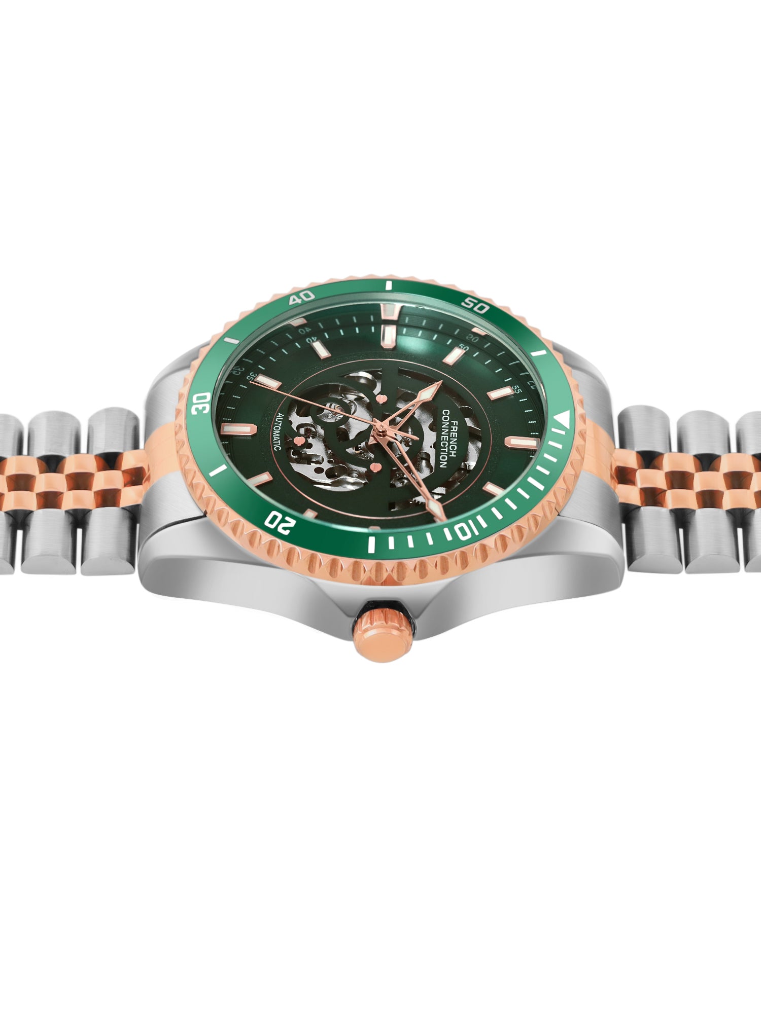 French Connection Aether Drive Men's Automatic Skeleton Watch with Green Sunray Dial, Two-Tone Rose Gold & Silver Stainless Steel Bracelet – FCA26NRTM