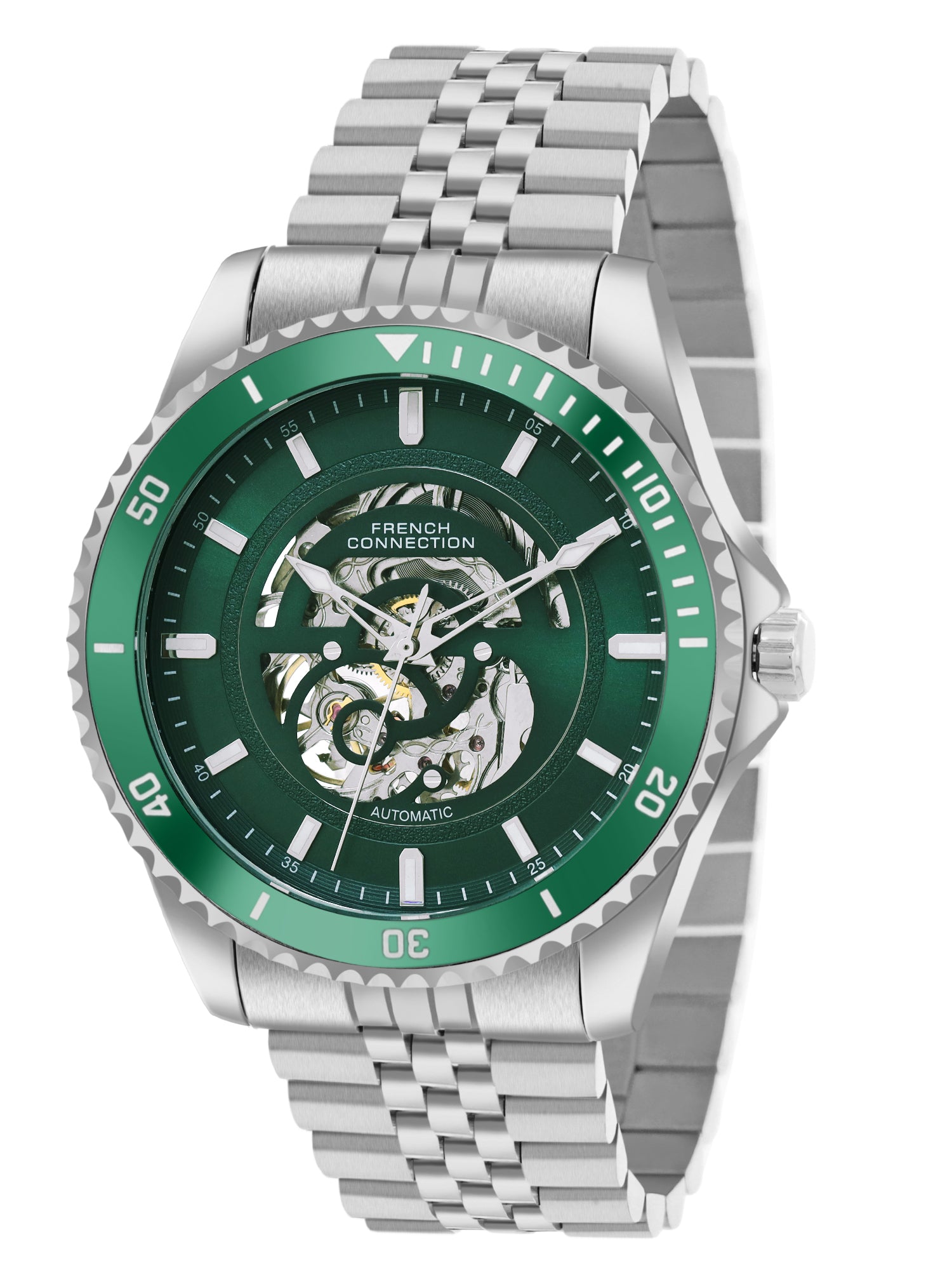 French Connection Aether Drive Men's Automatic Skeleton Watch with Green Sunray Dial, Silver Stainless Steel Bracelet & Exhibition Case Back – FCA26NSM