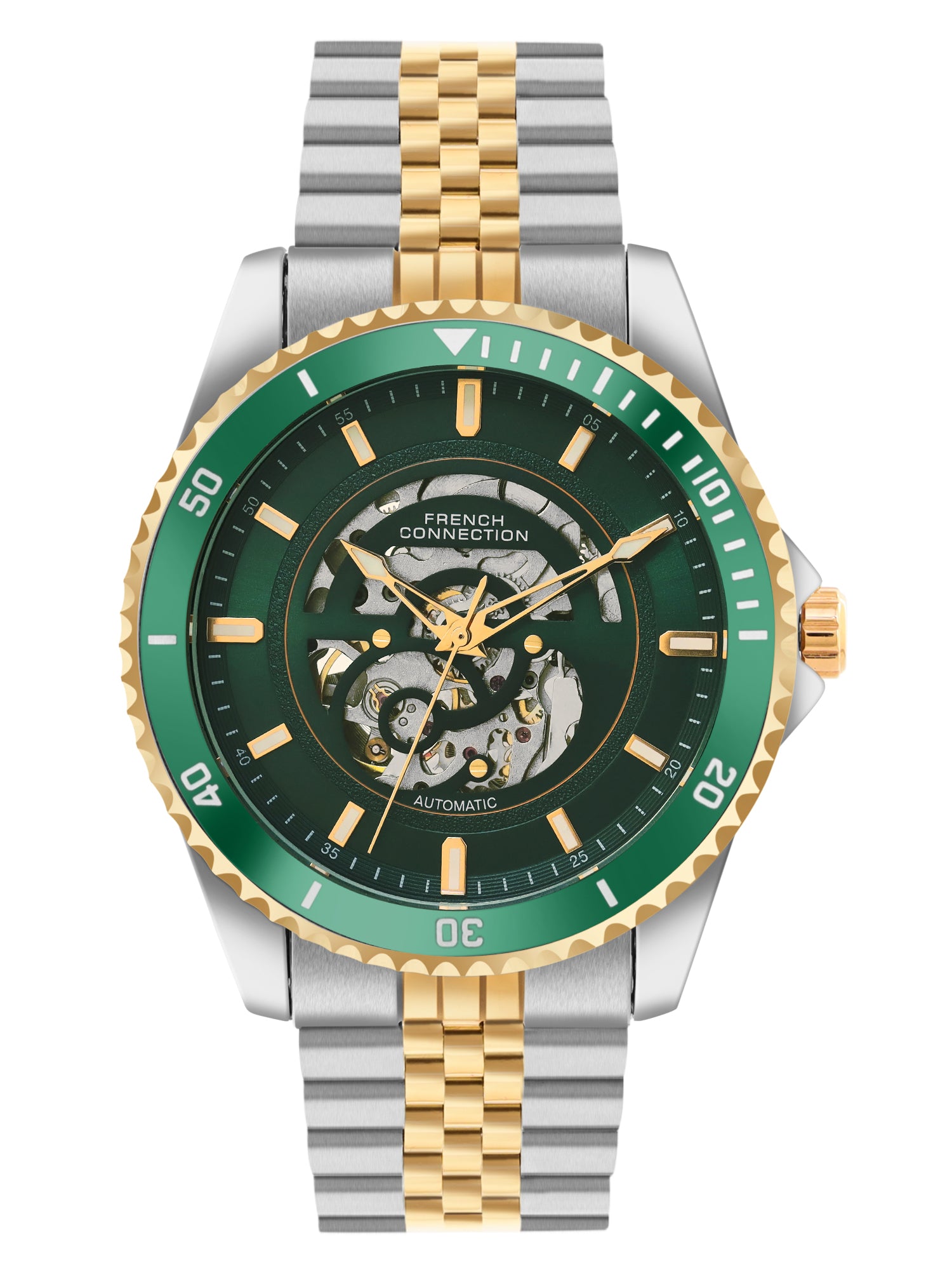 French Connection Aether Drive Men's Automatic Skeleton Watch with Green Sunray Dial, Gold Stainless Steel Bracelet & Exhibition Case Back – FCA26NTM